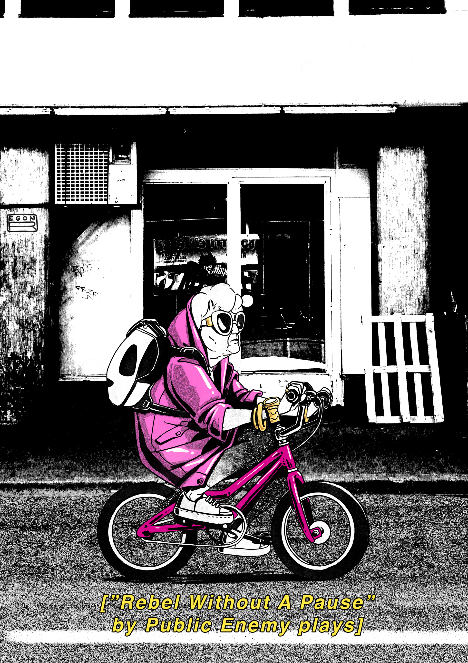 Black and white illustration of a senior lady dressed in a pink rain coat wearing big sunglasses and gold jewelry, wile riding a pink kids bike. urban black and white background. In yellow subtitles: "Rebel without a pause" by Public Enemy plays.  