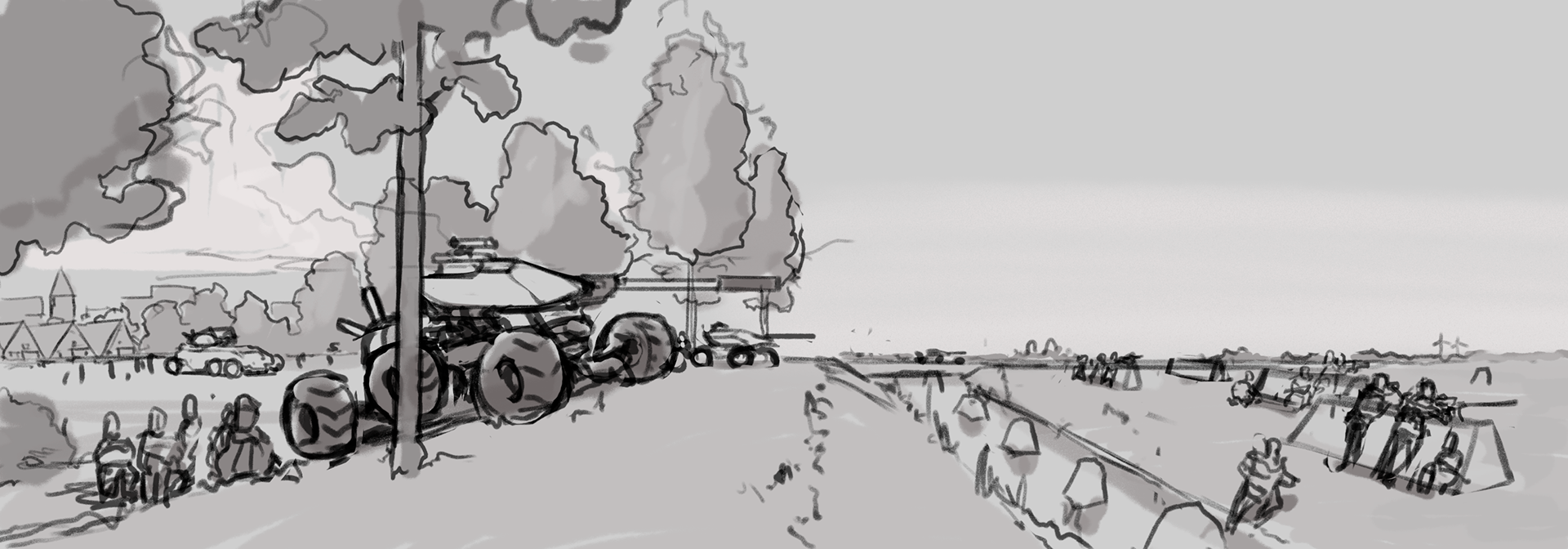(Exterior) a typical dutch landscape. Farmland with a little town in the background. slightly futuristic military troops and smart-tanks are in defensive position.