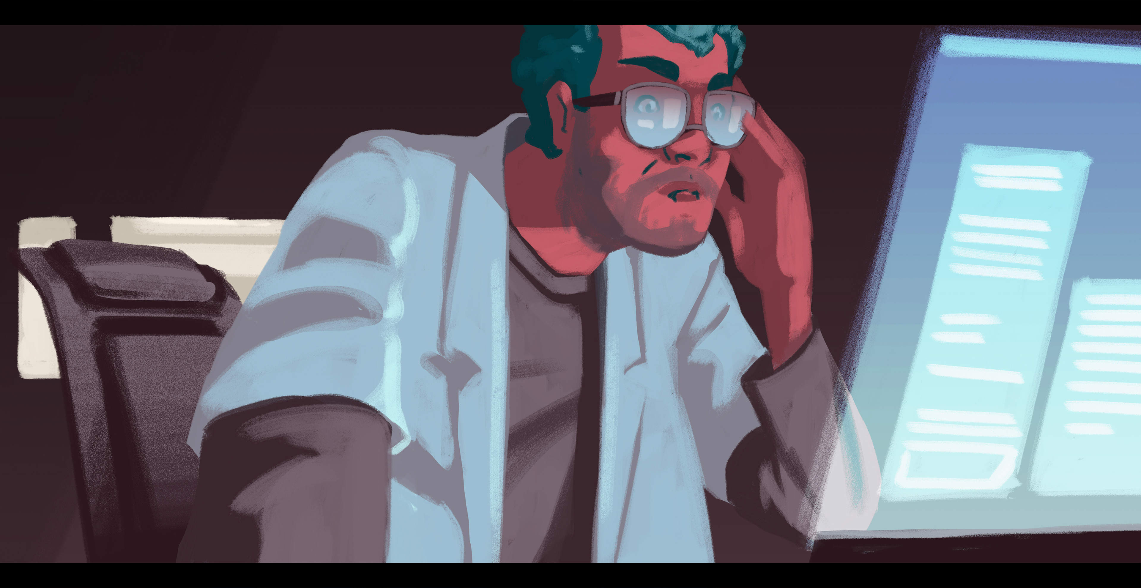 We see Robin (male) front view. It is night time and he's still in his laboratory standing behind his desk leaning towards the transparent screen of his futuristic looking computer. He is wearing a lab coat and smart glasses. He looks shocked