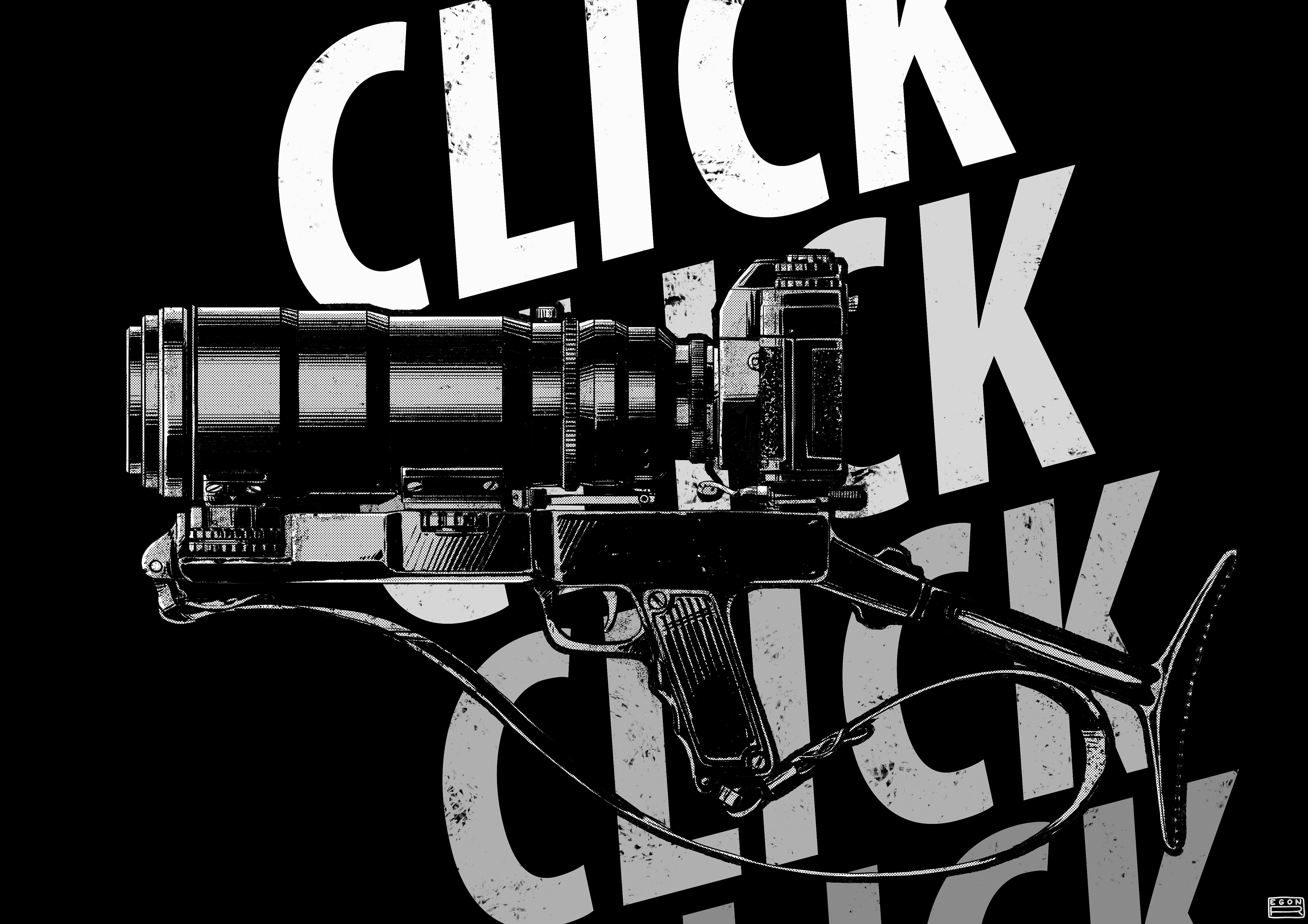 A detailed, comic style, high contrast, black and white illustration of a canon analog camera with a zoom lens, mounted on a Snaiper (rifle like) grip. With "click, click, click" in white bold, italic capital letters on a black background behind it.    