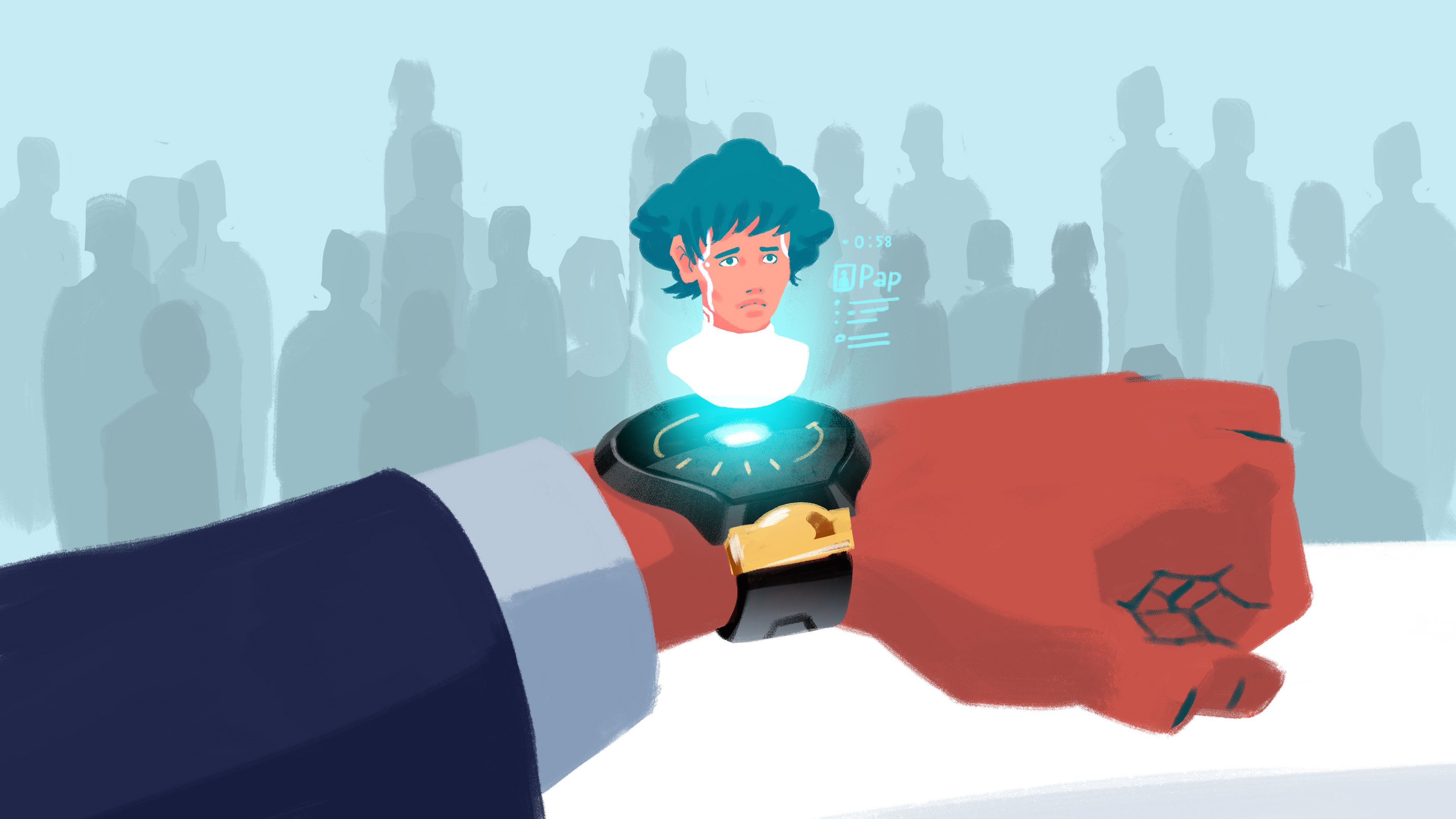 (point of view) Robin (female) is standing on a outdoor stage in front of an audience. she is looking at a hologram on her smartwatch of a clone of herself who is actually a nursing droid for her father. Robins clone looks worried.