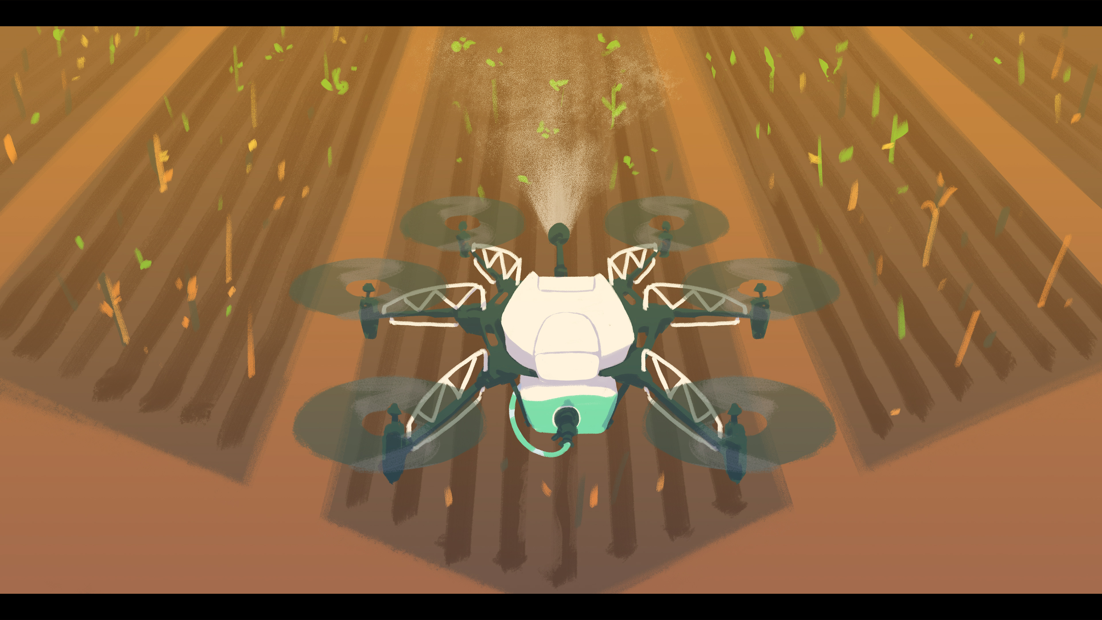 A modified drone sprays an experimental ferilizer