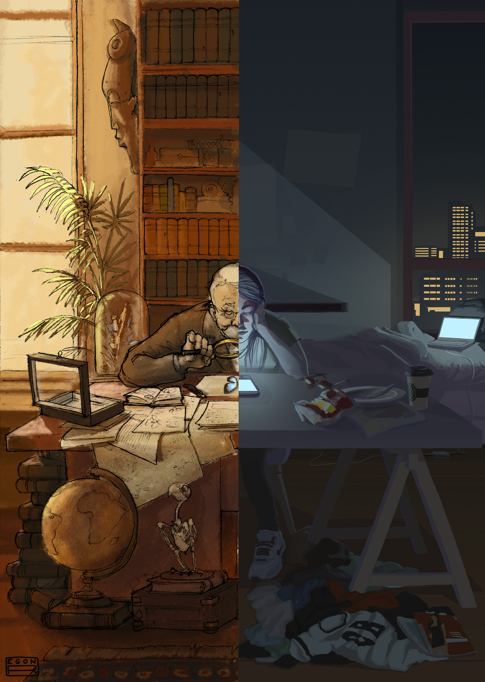 A spit illustration, Left a kind looking old man in a brown suit sitting behind a wooden desk cluttered with paper, books and curiosities all around him. He is looking at a bright blue butterfly on the desk in front of him through a magnifying glass. the room is pleasantly lit though a big window. On the right a modern day young woman sitting behind her desk in a  dorm room. Night time, her room is cluttered with clothes. Her face is lit by her smartphone in front of her.  