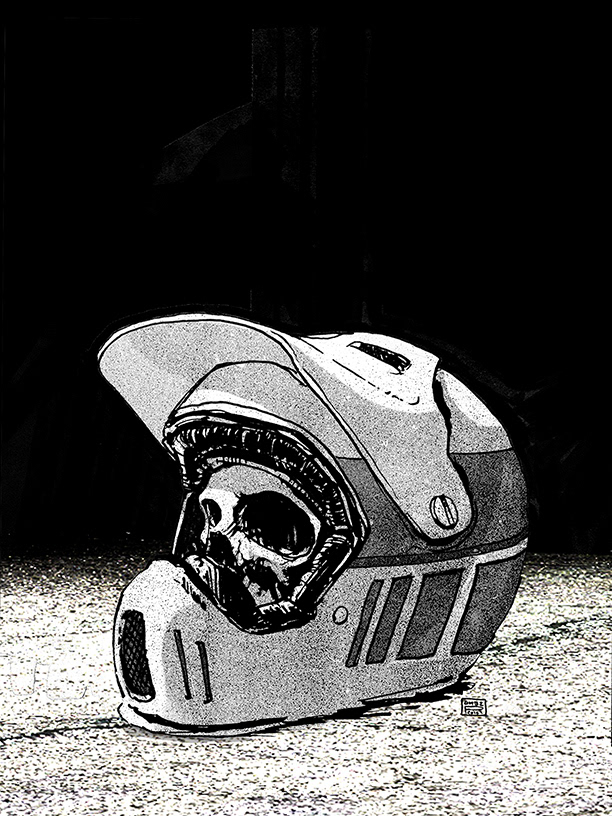 High contrast black and white illustration of a skull inside a 90's motorcycle helmet, standing upright on the floor.  