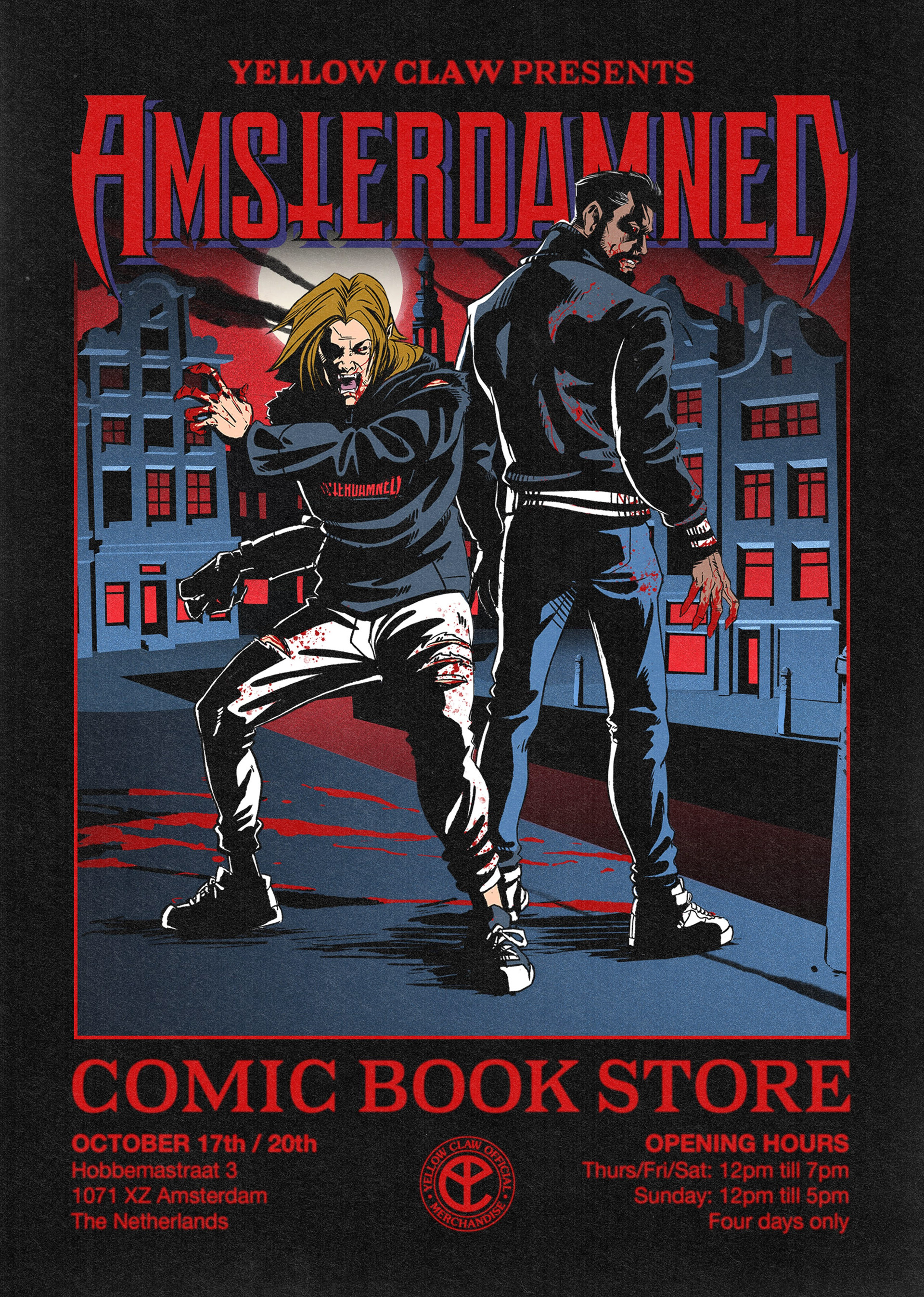 Retro looking poster of Yellow Claw artists Jim Taihuttu and Nils Rondhuis posing as savage looking vampires on the streets of Amsterdam. all drawn in a comic book style illustration. Used as promotional artwork for the Yellow Claw Amsterdamned Comic book pop-up store