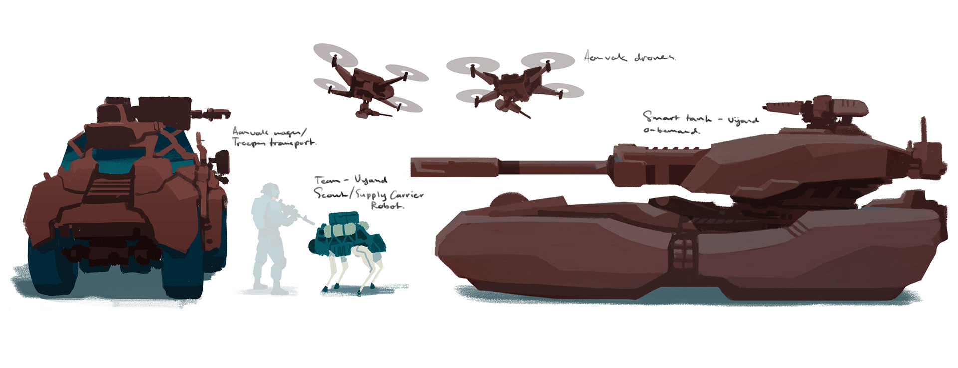 Concept designs of slightly futuristic military vehicles. An armoured patrol vehicle, a four legged supply carrying robot the size of a large dog, two weaponised drones. and an unmanned smart tank.