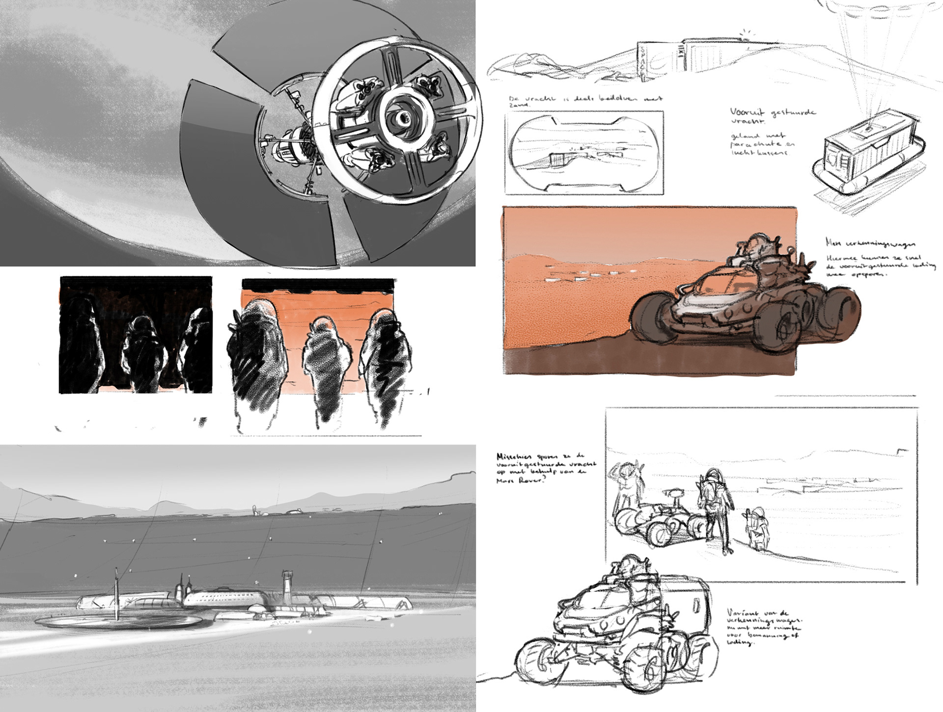 (Multiple images). Top-left a production sketch of Robins spacecraft reaching Mars. Middle-left. A sequence of images showing the loading bay door of the space craft opening revealing the silhouettes of the astronauts. middel-right. A mars buggy is scouting the area, in search of supplies that were sent ahead. Top-right. Sketches of the supply containers and its landing equipment. Bottom-right. The astronauts join the mars-rover scouting the area and a sketch of another mars vehicle. Bottom-Left sketch of the Martian Base set up by the astronauts, made of parts of the space craft which brought them there.