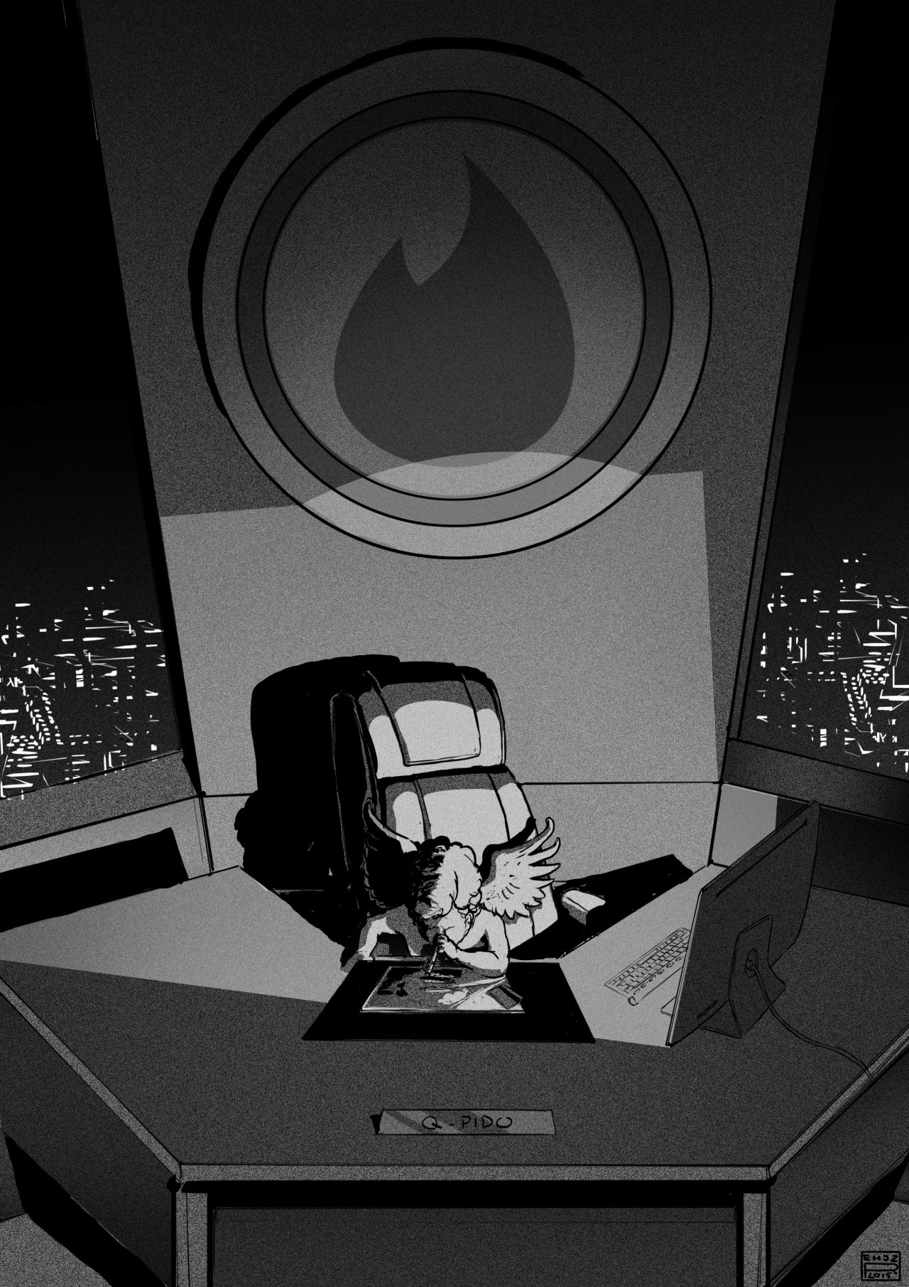 night time. Cupid snorting cocaine from a mirror on his desk, lit by the light of his computer screen, within the  interior of an expensive looking executive office, with windows overlooking the skyline of the city. Above cupid there is a large Tinder logo hanging from the wall.