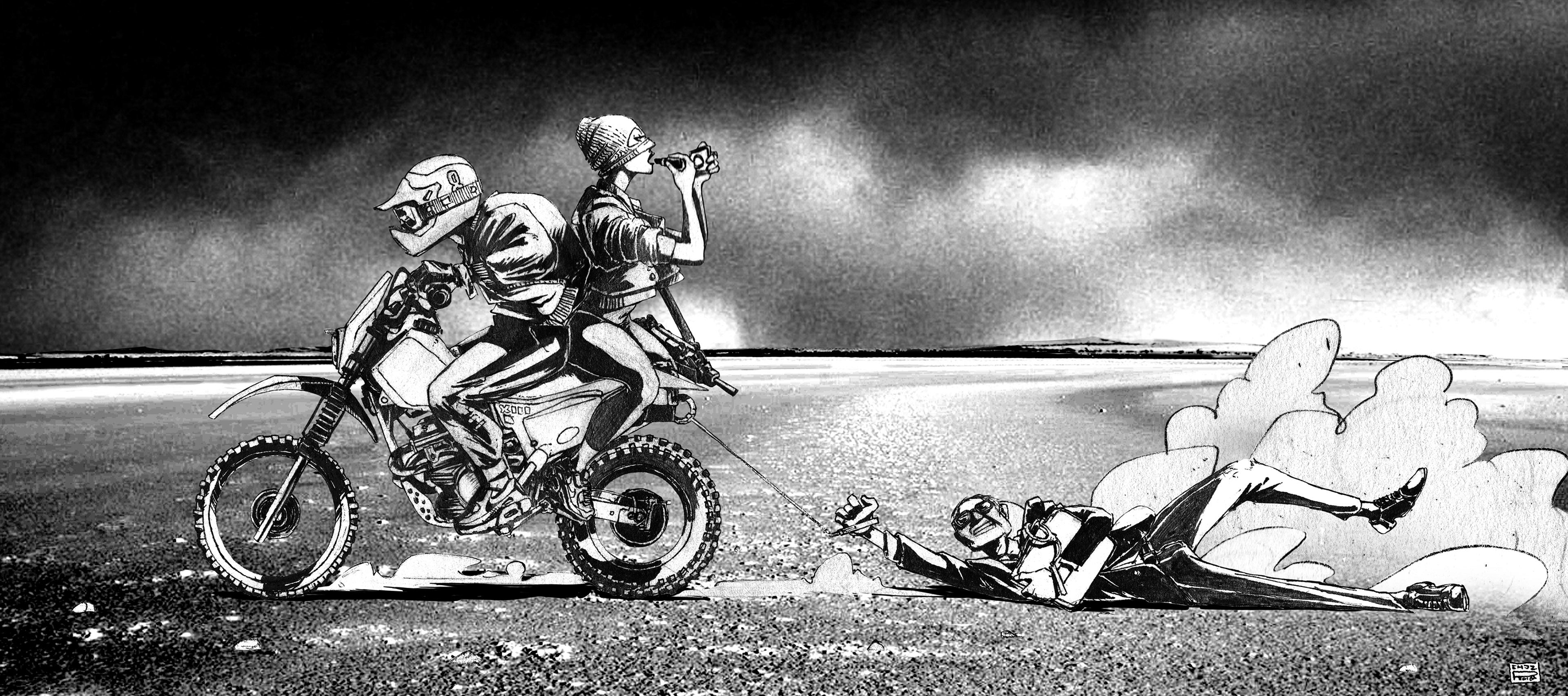 Black and white illustration of a couple riding a dirt bike over salt flats. the girl on the back of the motorcycle in sitting in reverse with an uzi hanging from her shoulder. she is wearing a sky mask halfway over her face while she put's on lipstick. Behind them they are dragging a man in a business suit holding a briefcase cuffed to his wrist across the dusty plain.