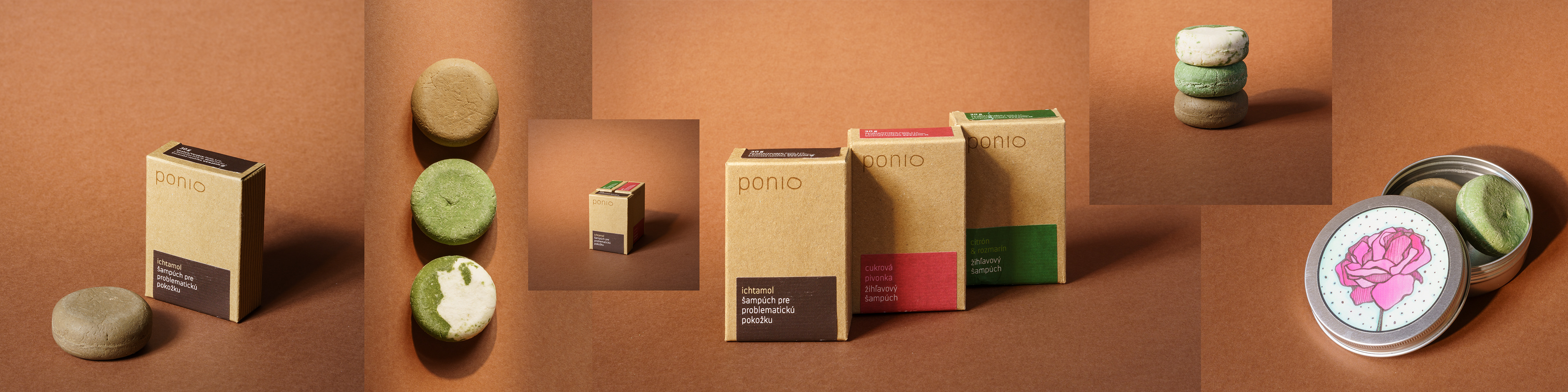 Detail balení přírodní kosmetiky Ponio ve světlém studiu. Kompozice produktu Ponio s důrazem na texturu a barvu. Tuhý šampón značky Ponio nasvícený měkkým světlem, jednoduchá scéna.  Produktová fotografie, kosmetika, veganská, přírodní, minimalismus, Ponio, šampon, světlo, textura.