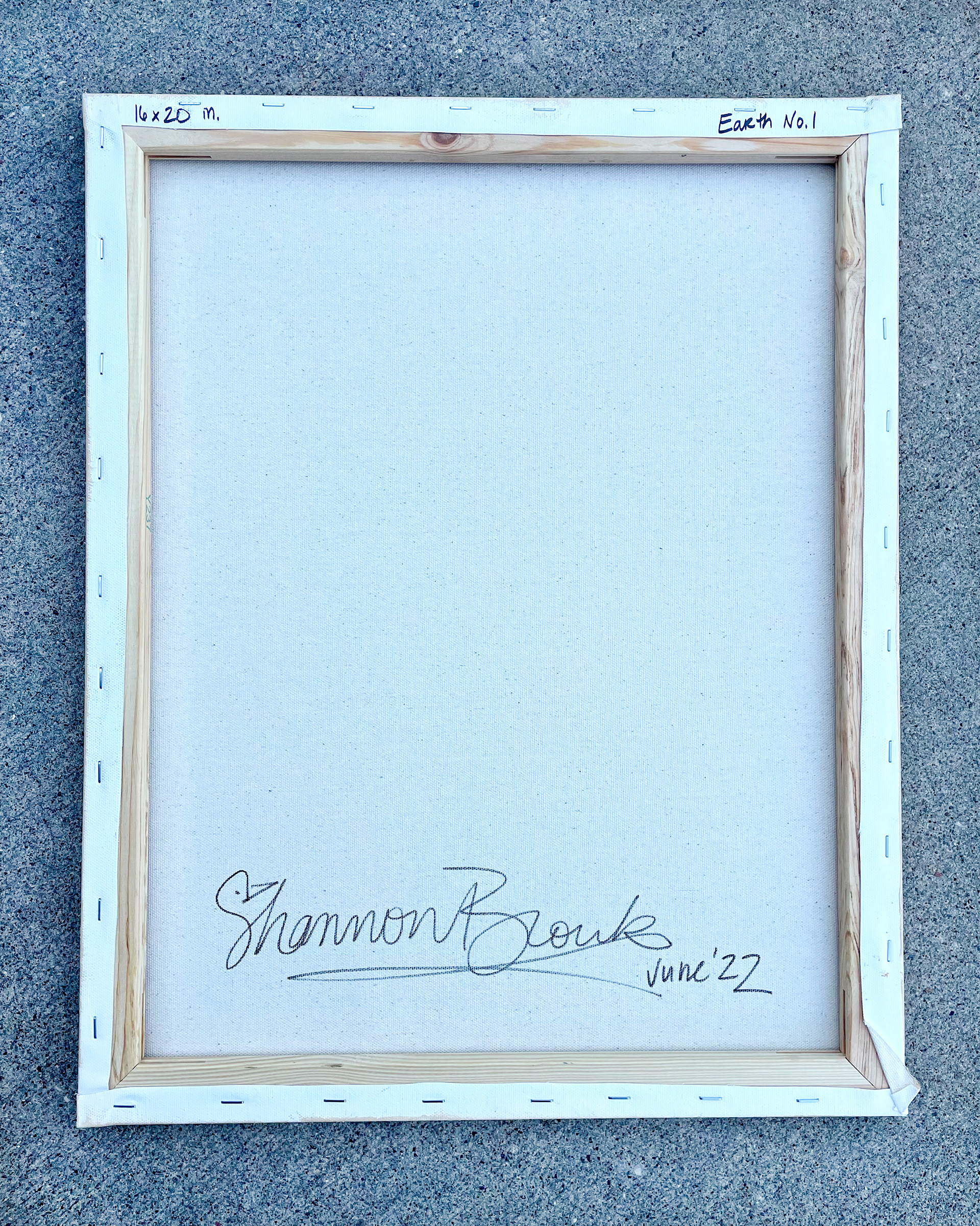 Back of "Earth no. 1," Acrylic on canvas. 16 x 20 x 0.5 inches. 2022.