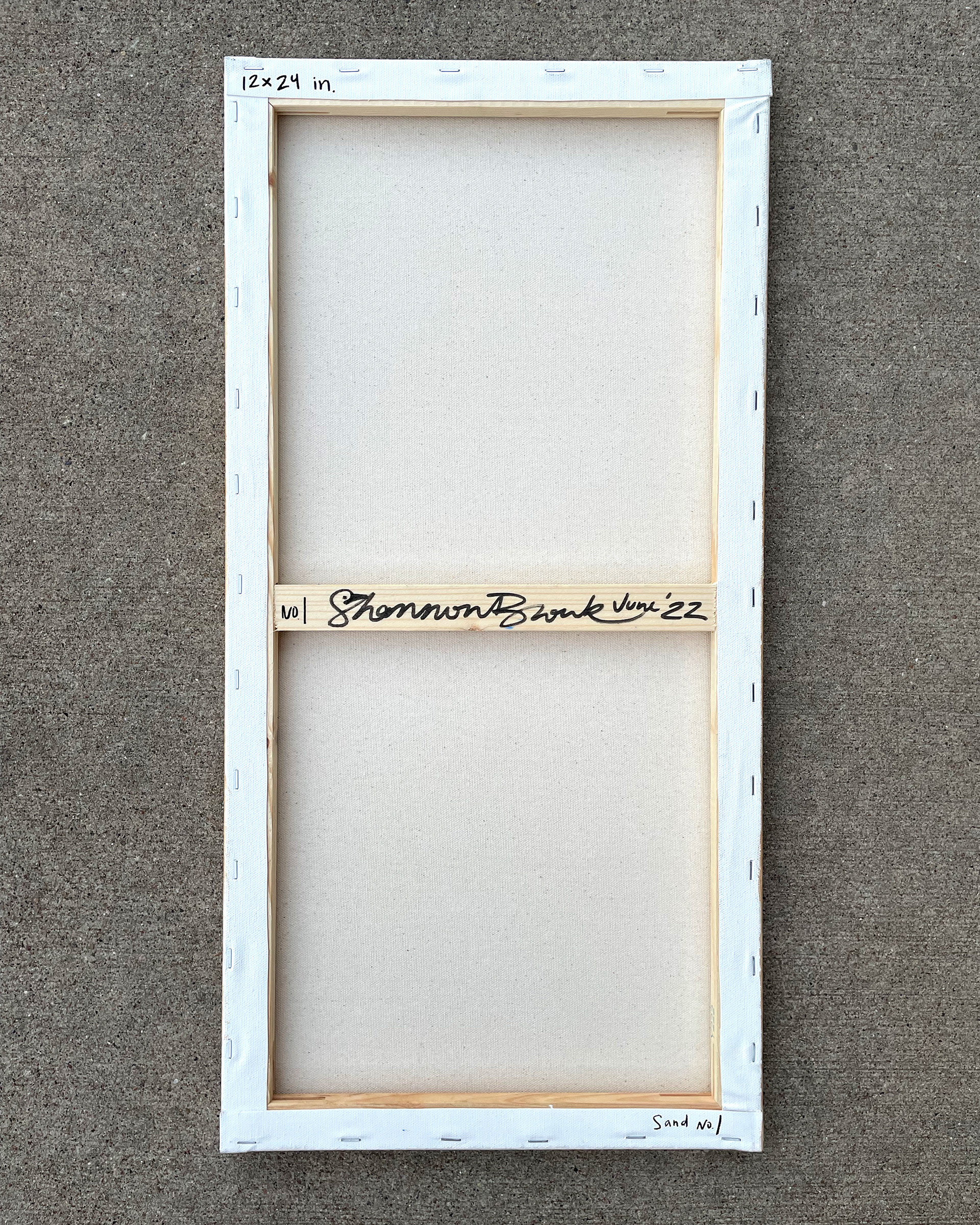 Back of "Sand No. 1," Acrylic on canvas. 12 x 24 x 0.5 inches.