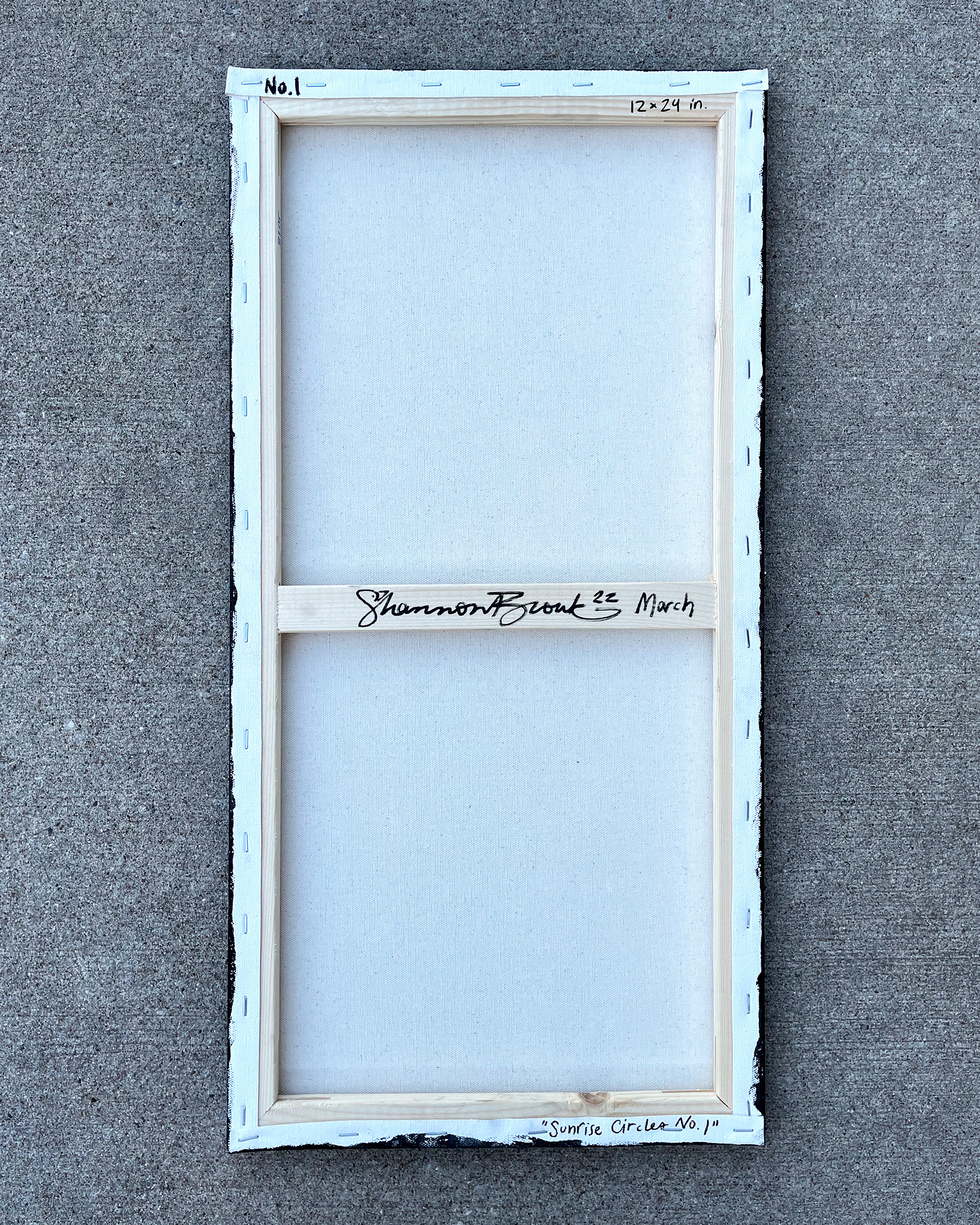 Back of "Sunrise Circles no. 1," Acrylic on canvas. 12 x 24 x 0.5 inches. 2022.