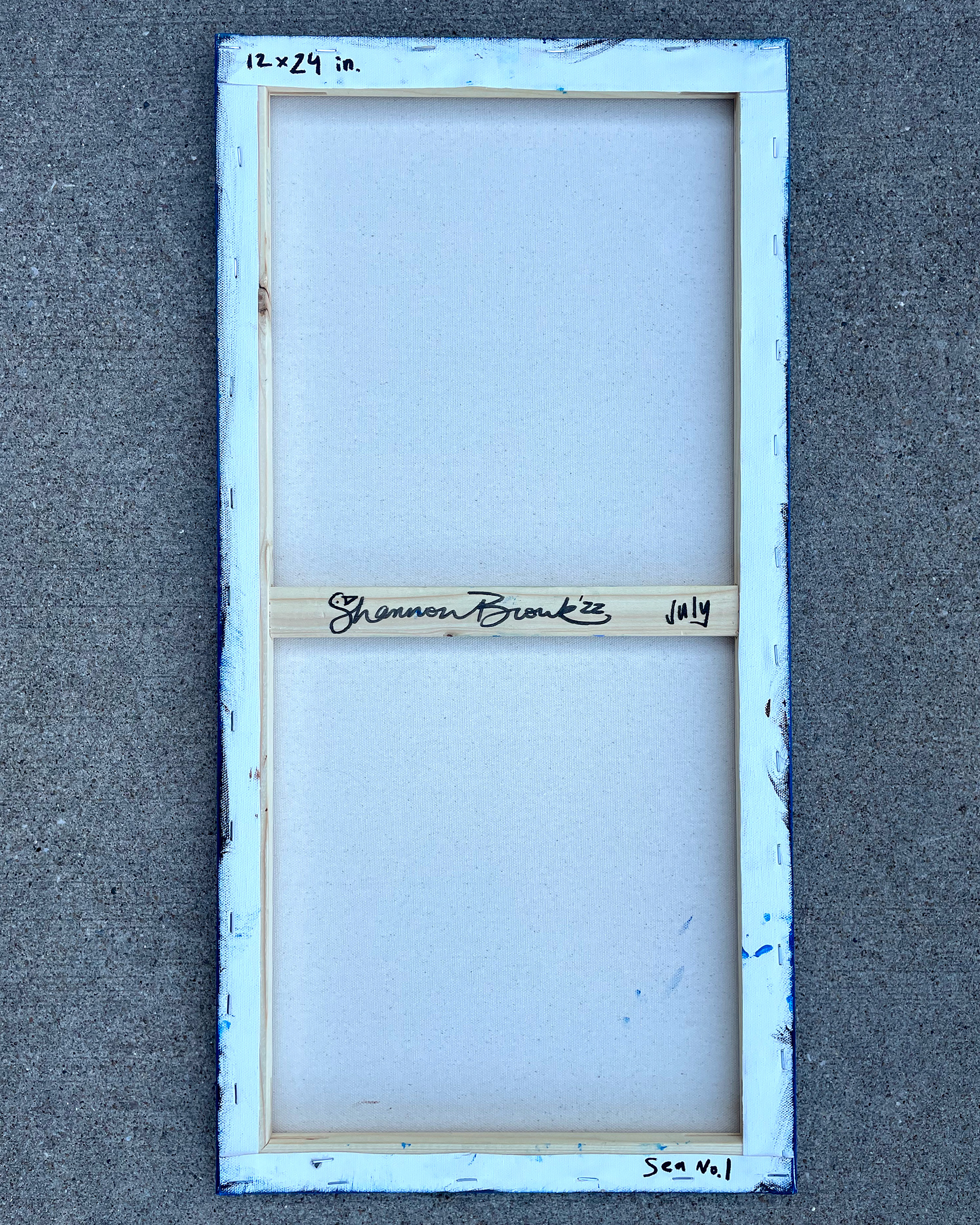 Back of "Sea no. 1," Acrylic on canvas. 12 x 24 x 0.5 inches.