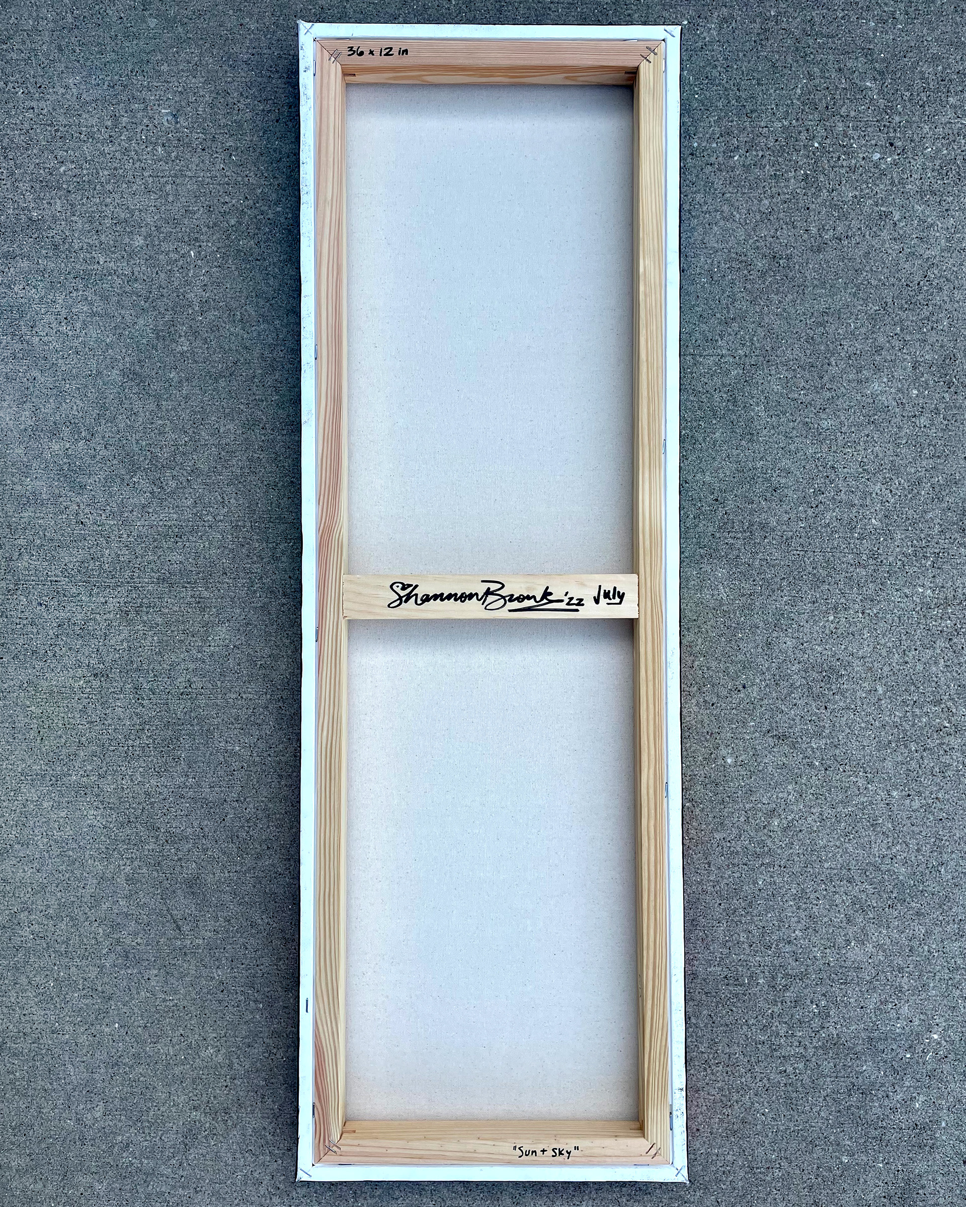 Back of "Sea & Sky," Acrylic on canvas. 12 x 36 x 1.5 inches. 2022.