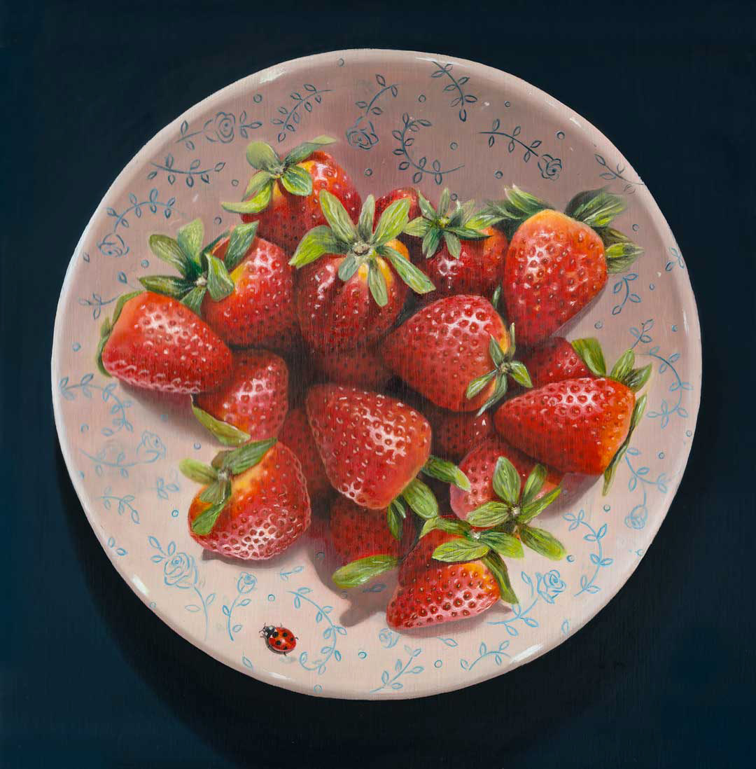 SOLD – Lucienne & Strawberries, 12"x12", Oil on wood