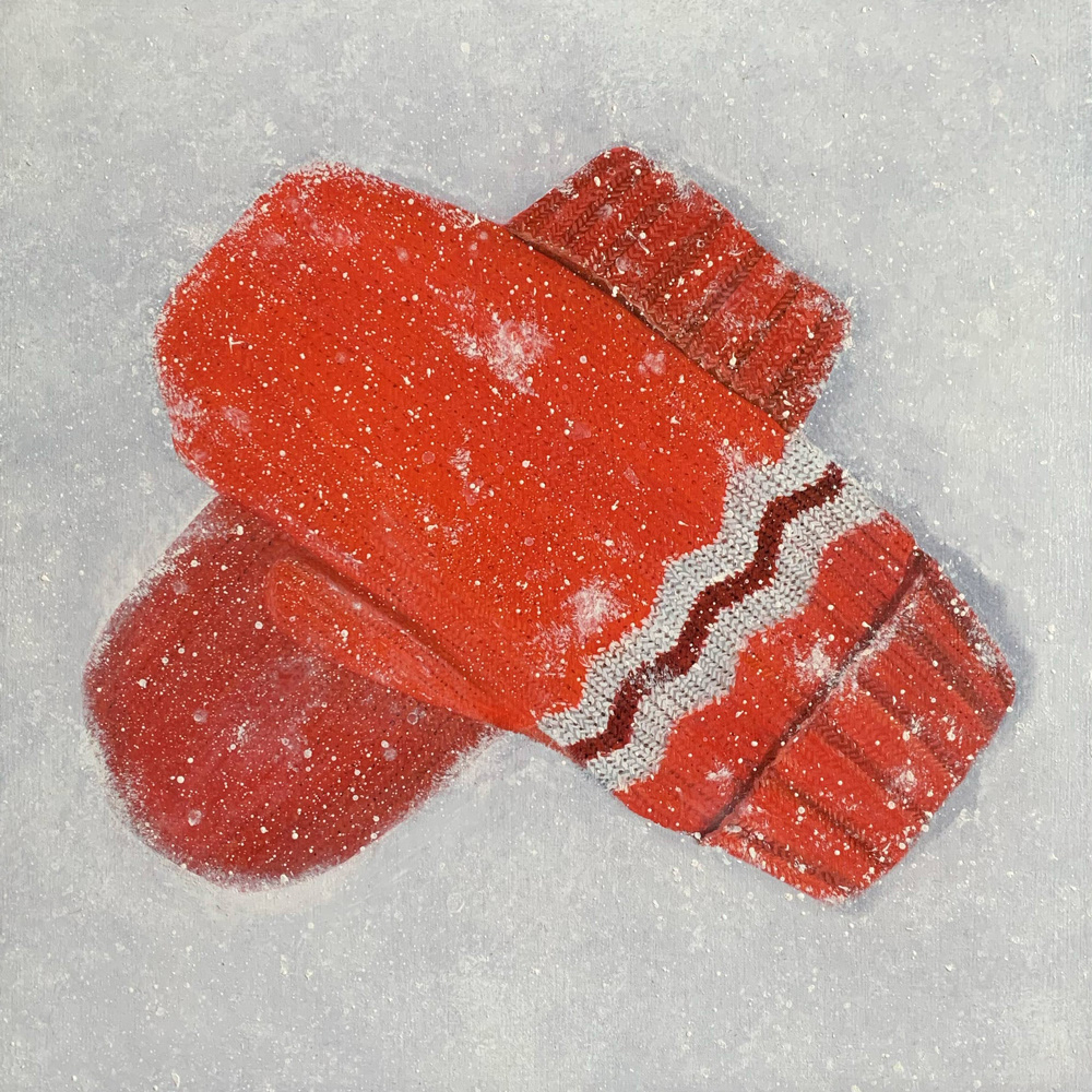 AVAILABLE - Mittens in the Snow, 12"x12", Oil on wood, $475
