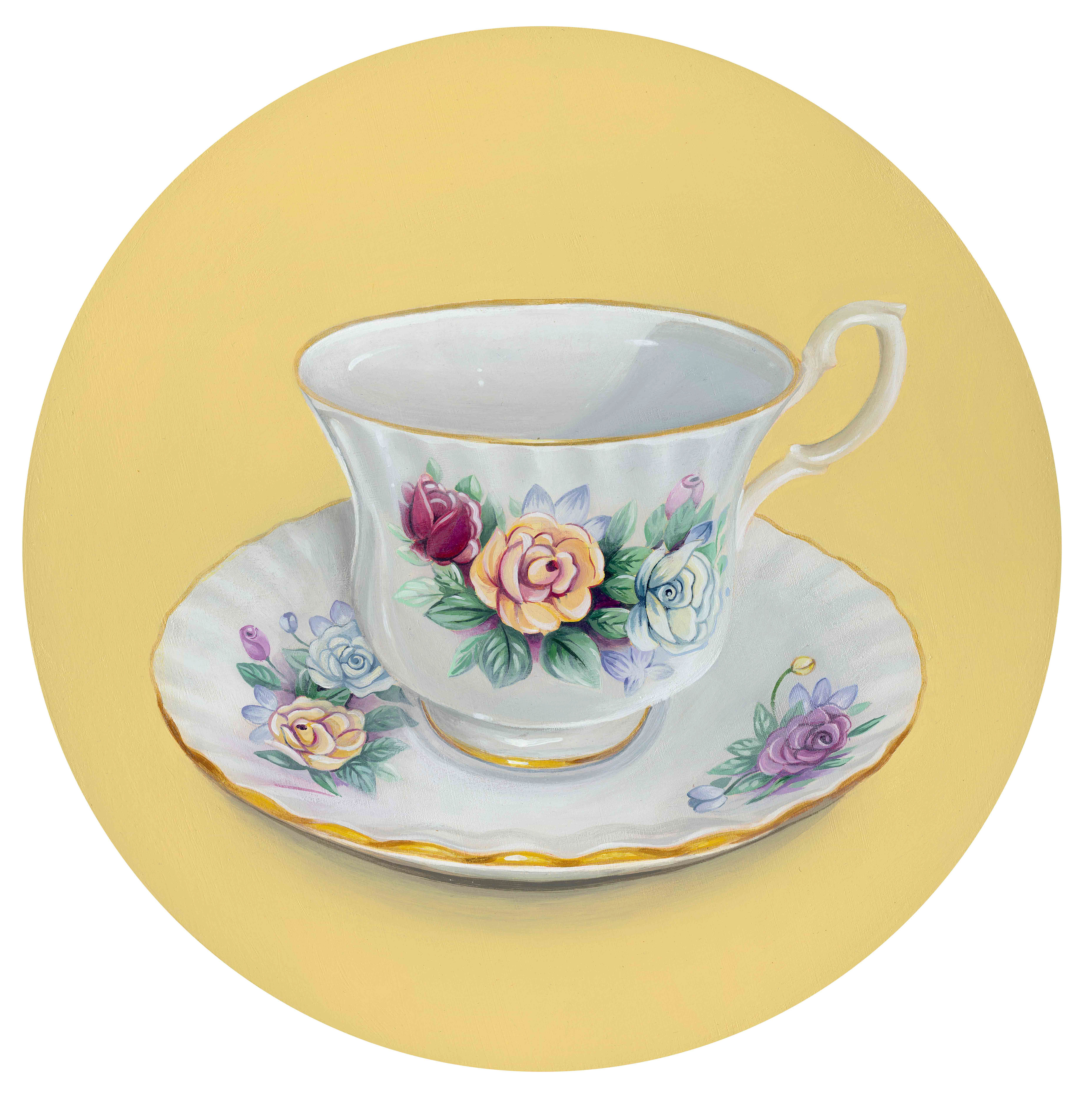 SOLD – Tea in the Garden, 12" Diameter, Acrylic on wood