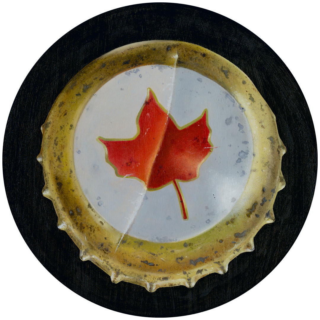 AVAILABLE at Arts on Queen, Toronto – Beer at the Cottage, 12", Oil on wood tondo, $400.00