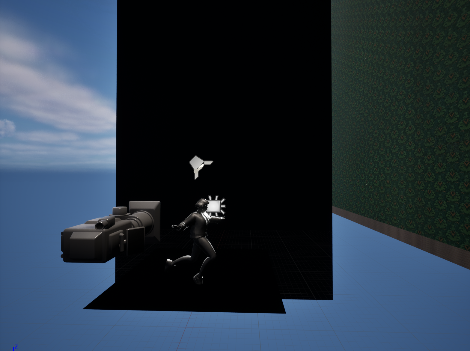 Composing the shot, placement of the character, background, and the camera.