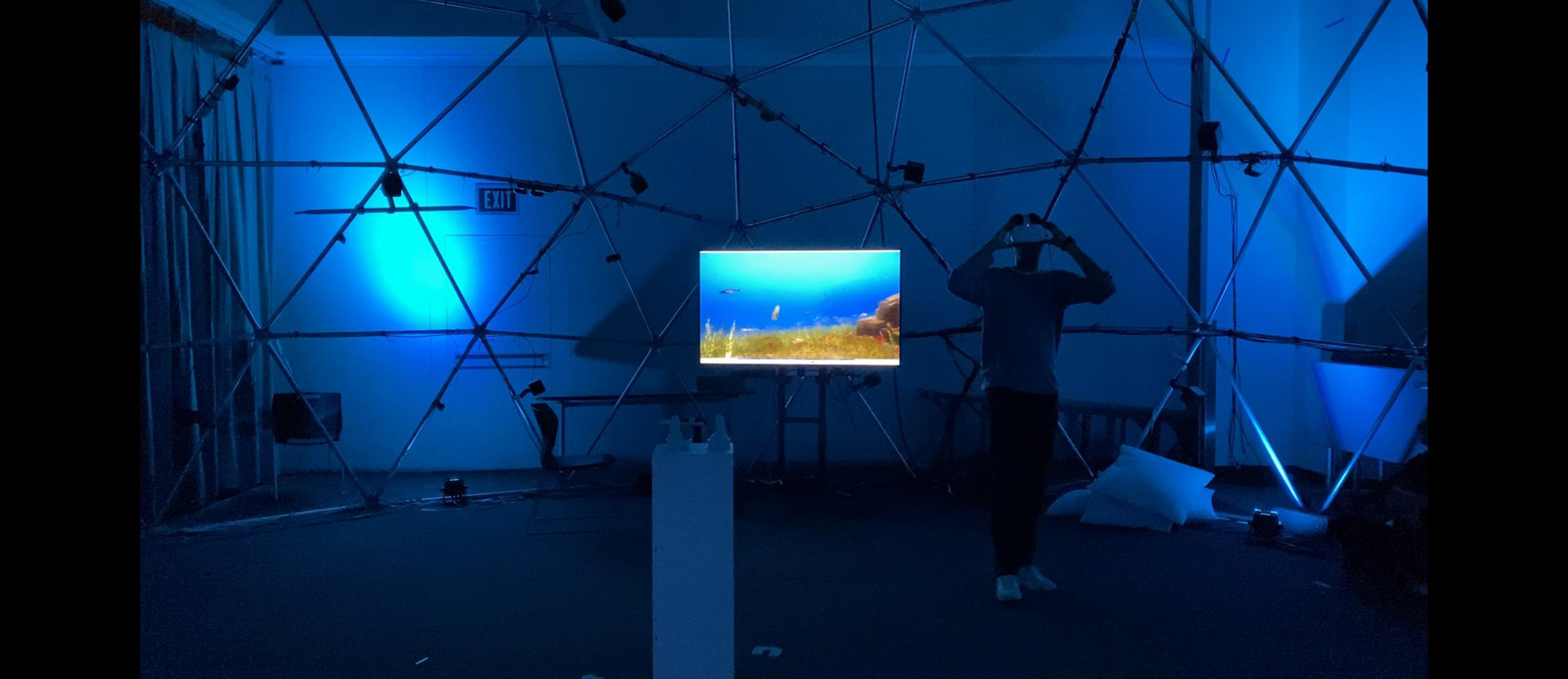 Myself in the dome space presenting this project to the professors and the class. We have used VR headsets (Meta Oculus 2 with controllers) and ambisonic dome to create this experience.