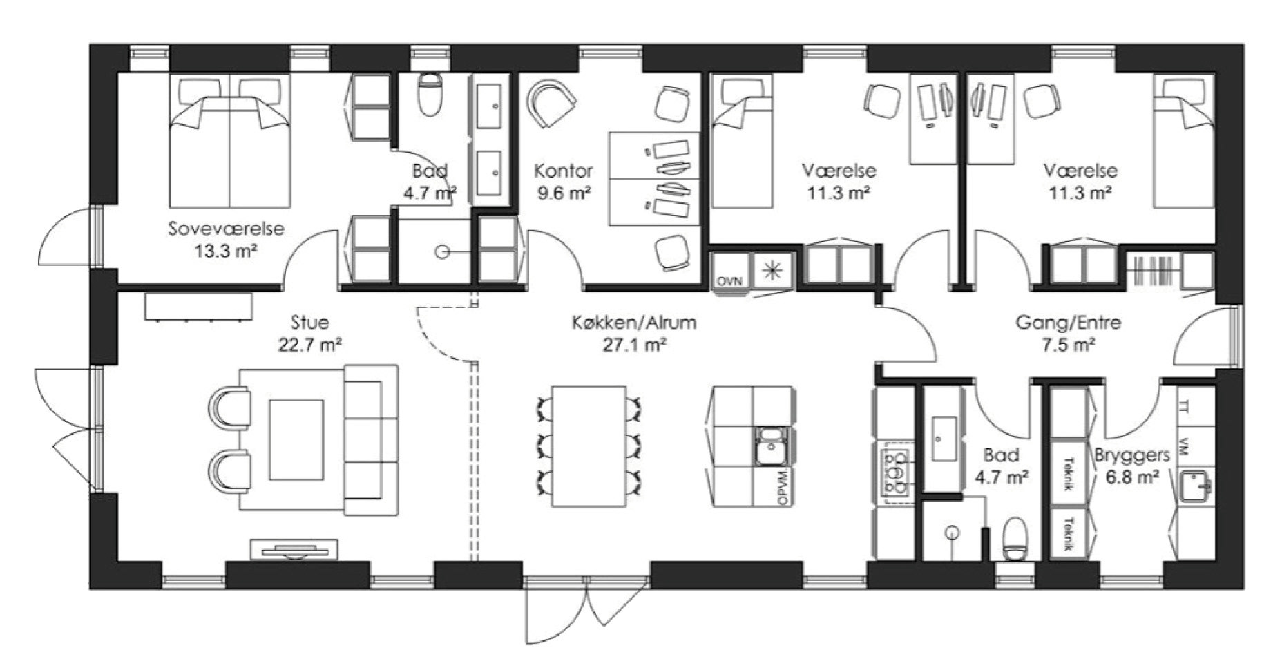 Grundplan med indretning og m2 angivelser