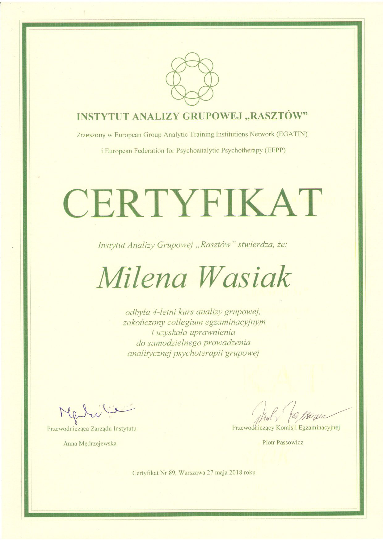 CERTYFIKAT Instytutu Analizy Grupowej RASZTÓW