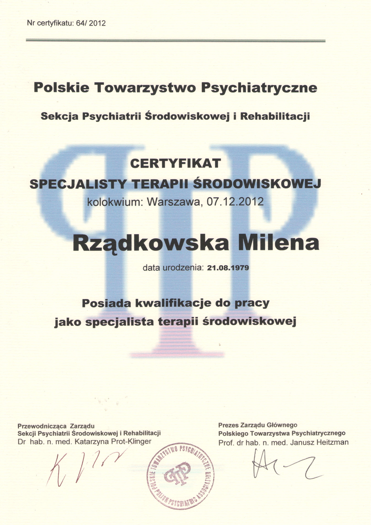 Certyfikat Specjalisty Terapii Środowiskowej