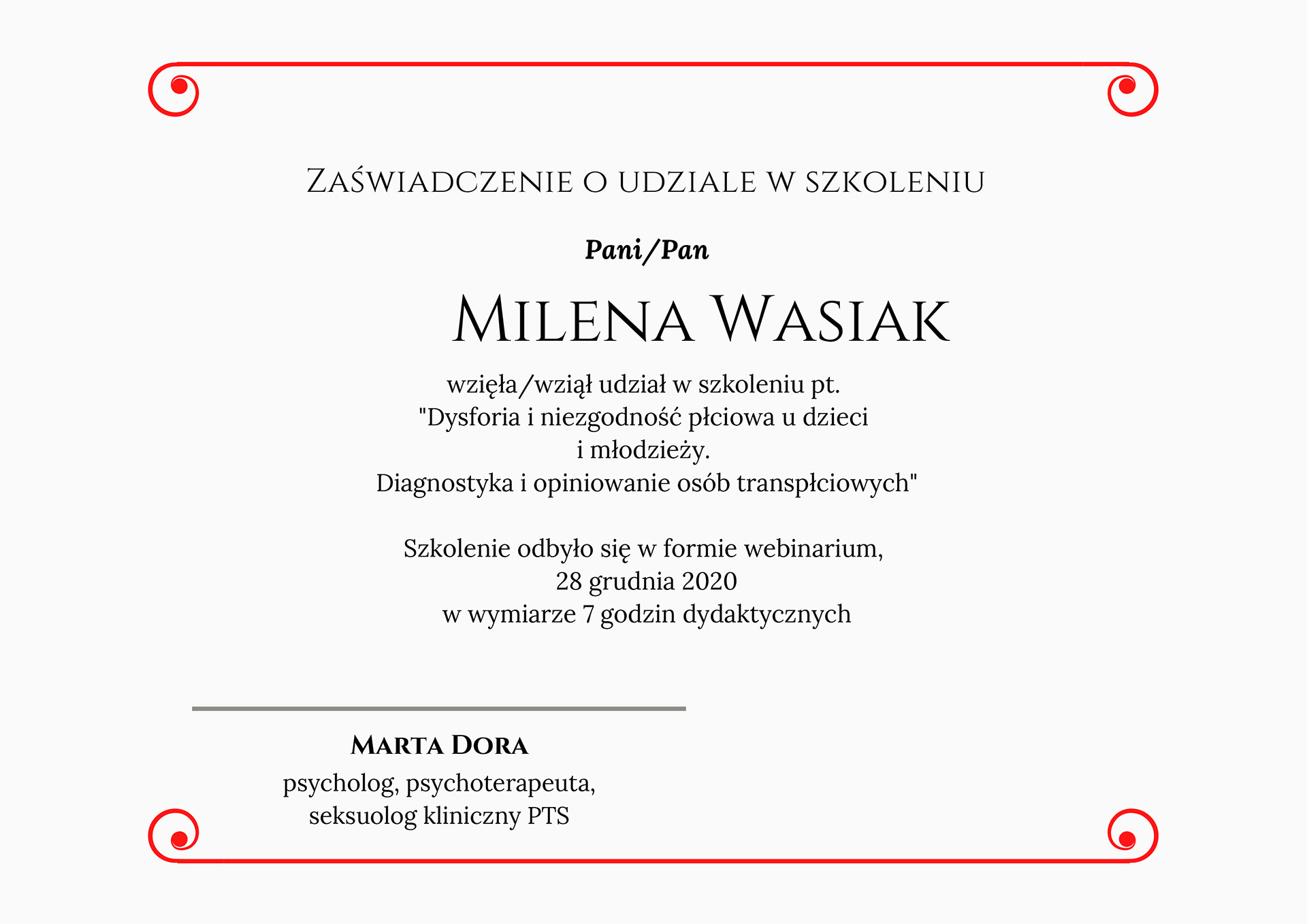 Zaświadczenie szkolenie Dysforia i niezgodność płciowa u dzieci