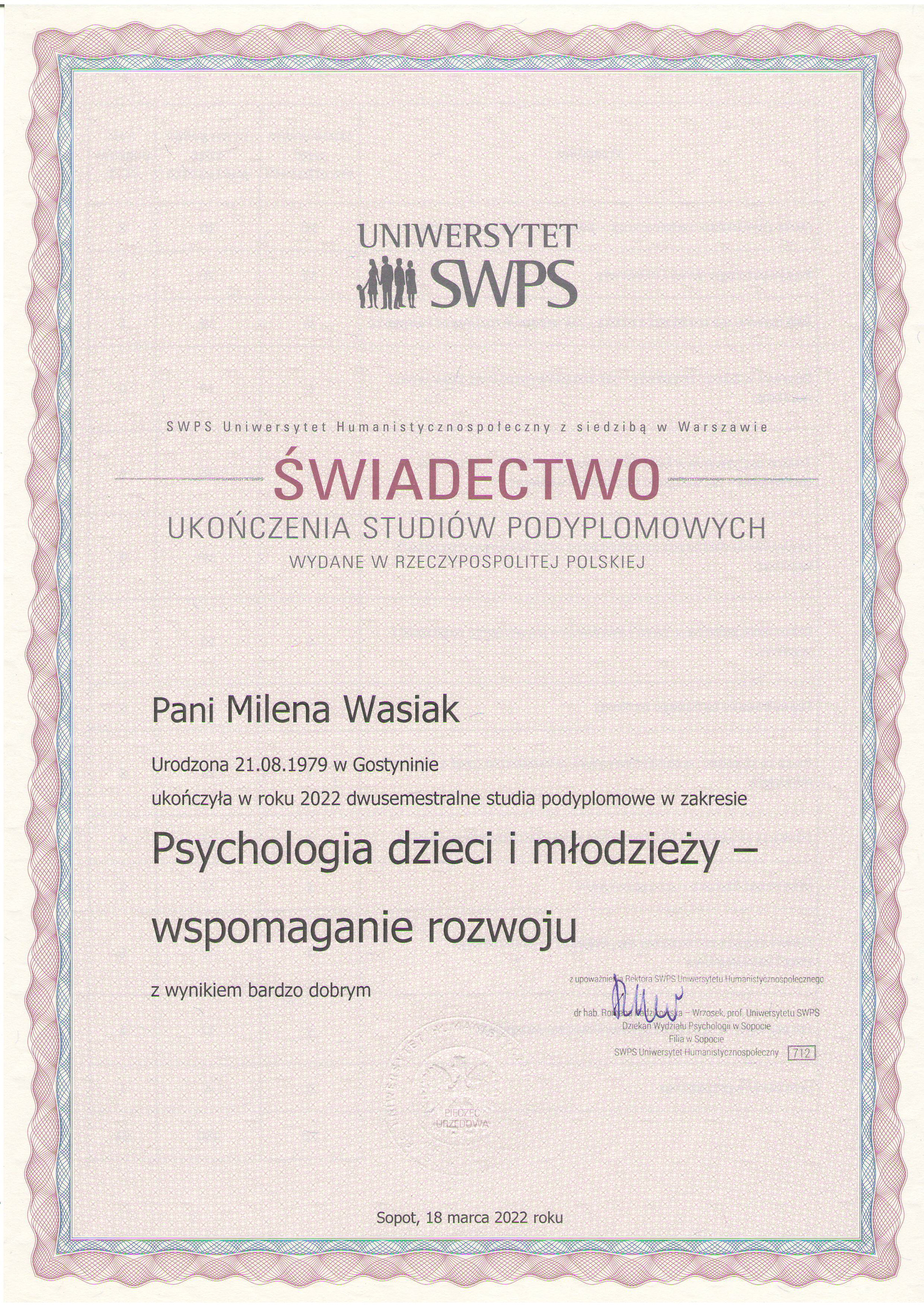 Świadectwo ukończenia studiów podyplomowych