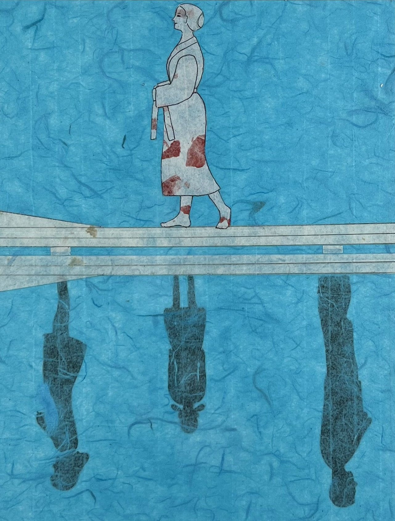 "Am I ready to dive?" Mulberry Paper Collage, 11x14in, 2022