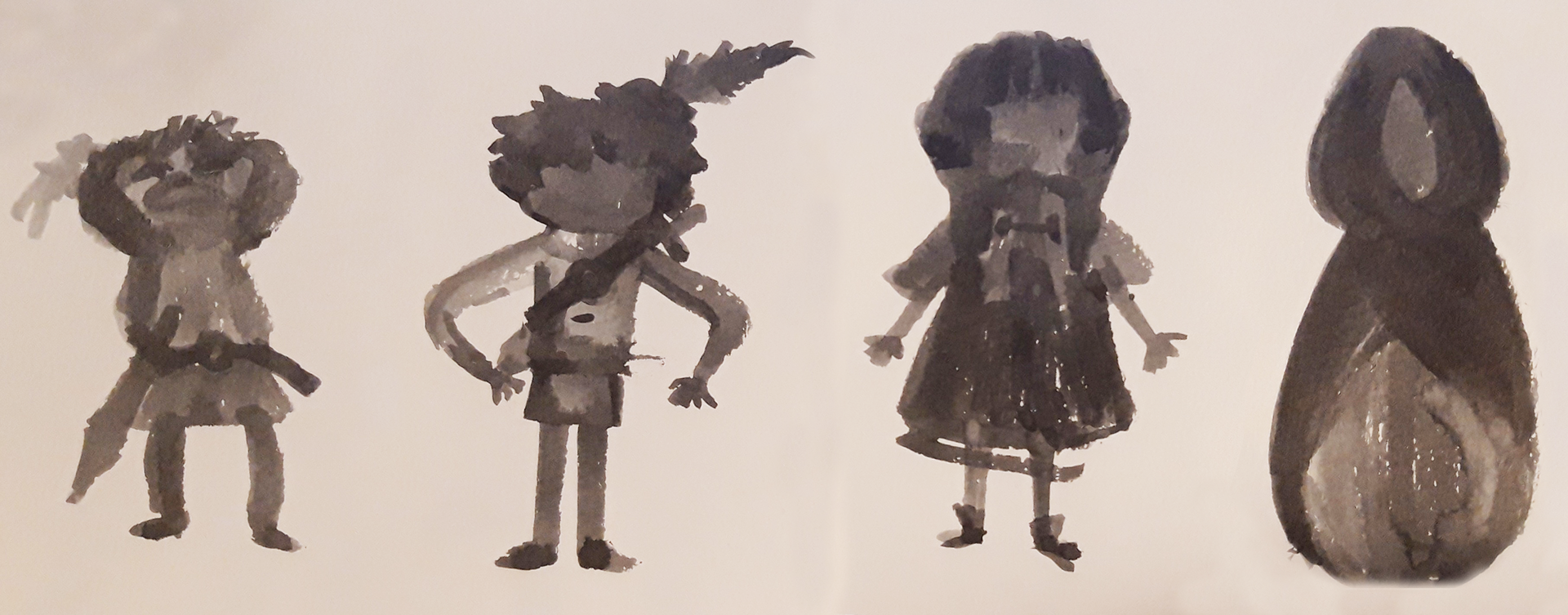 Shape study, placing the characters next to each other to see how their shapes work together