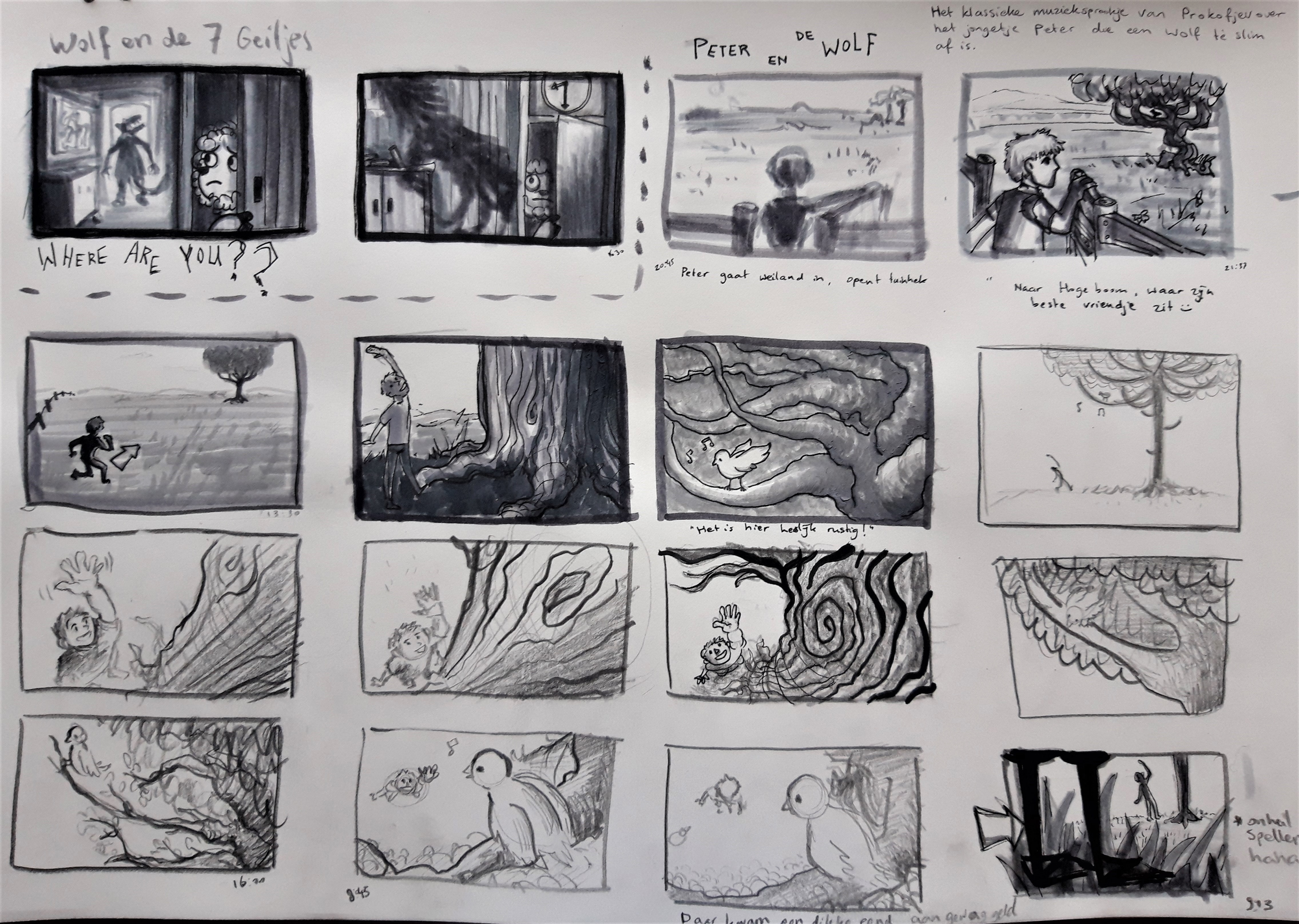 Storyboarding panel ideas for The Wolf and the 7 goats, and for Peter and the Wolf