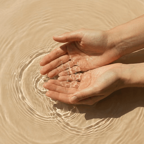 Woman dipping her hands in clear water. 