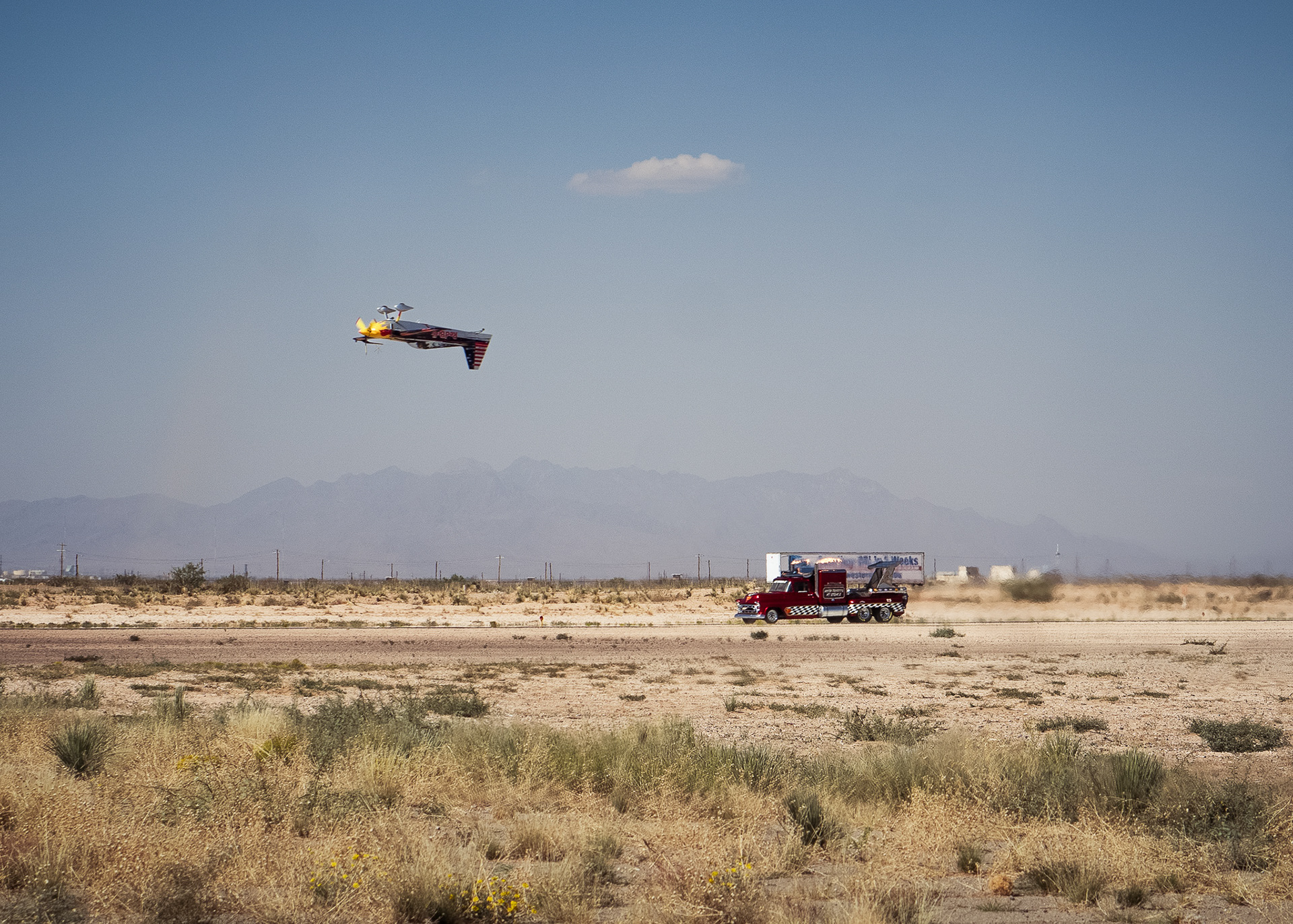 They raced! The Red Bull edge540 and the JetTruck!