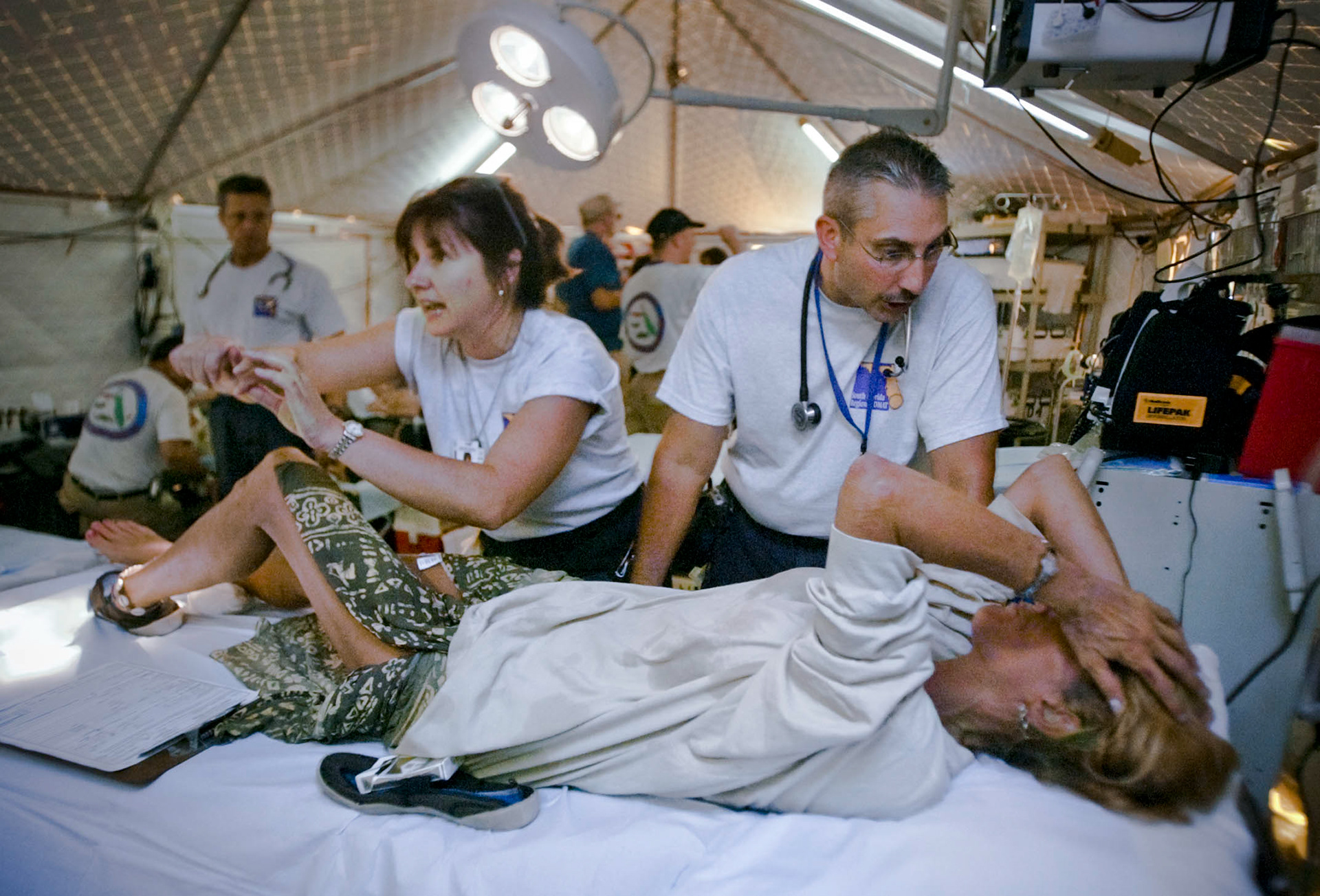 Hurricane Charlie victim gets treated in makeshift ER tent outside Charlotte Regional Hospital.