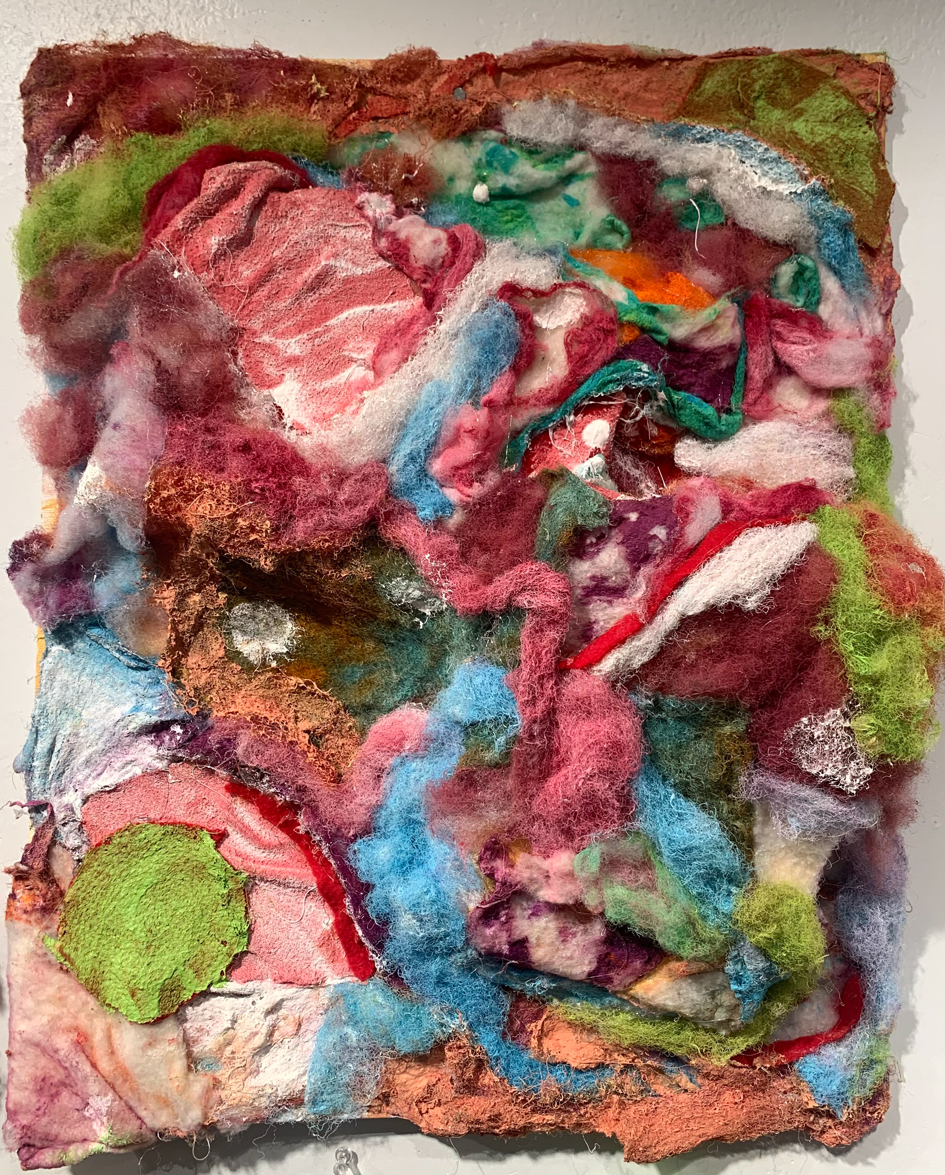 "soft and 4" felt, cotton, plstic, acrylic and hot glue on canvas panel