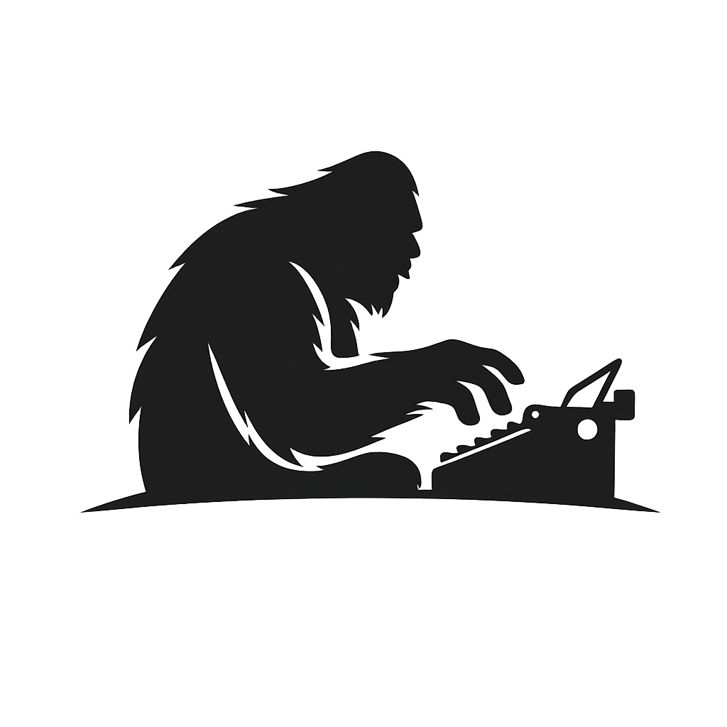 A silhouette of Sasquatch hunched over a typewriter.