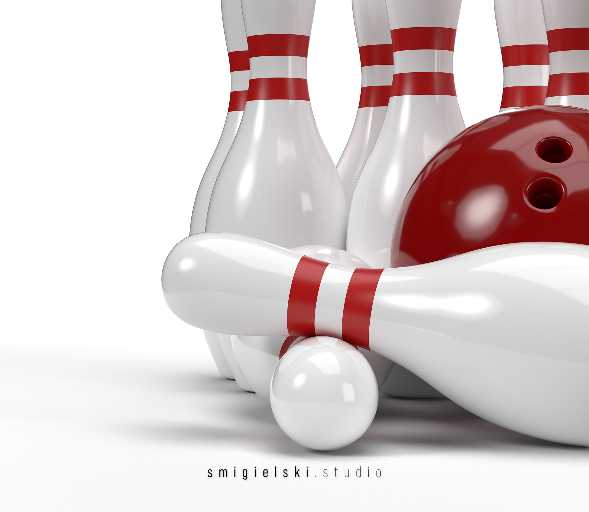 3D bowling ball and fallen skittles on the playing field isolated on white