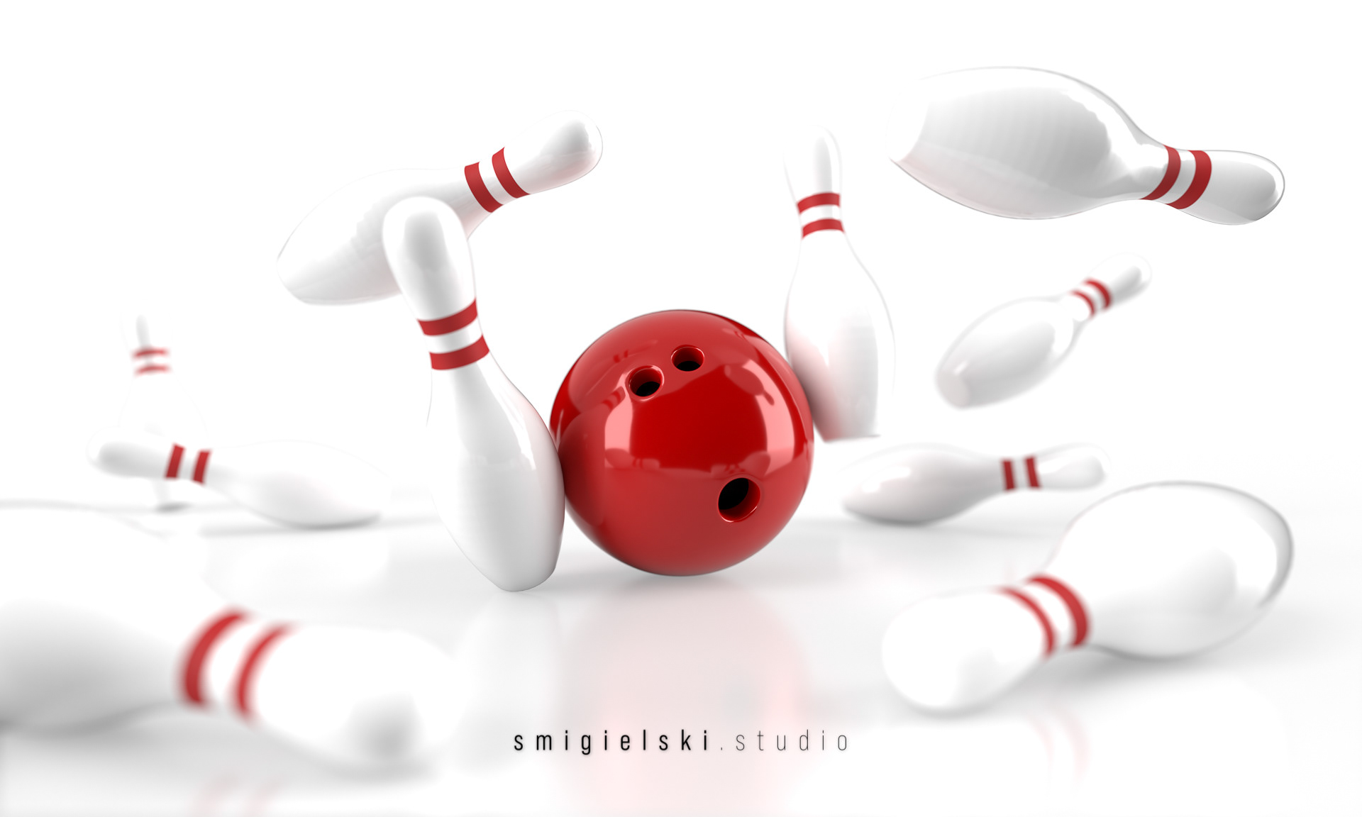 3D bowling ball and fallen skittles on the playing field isolated on white