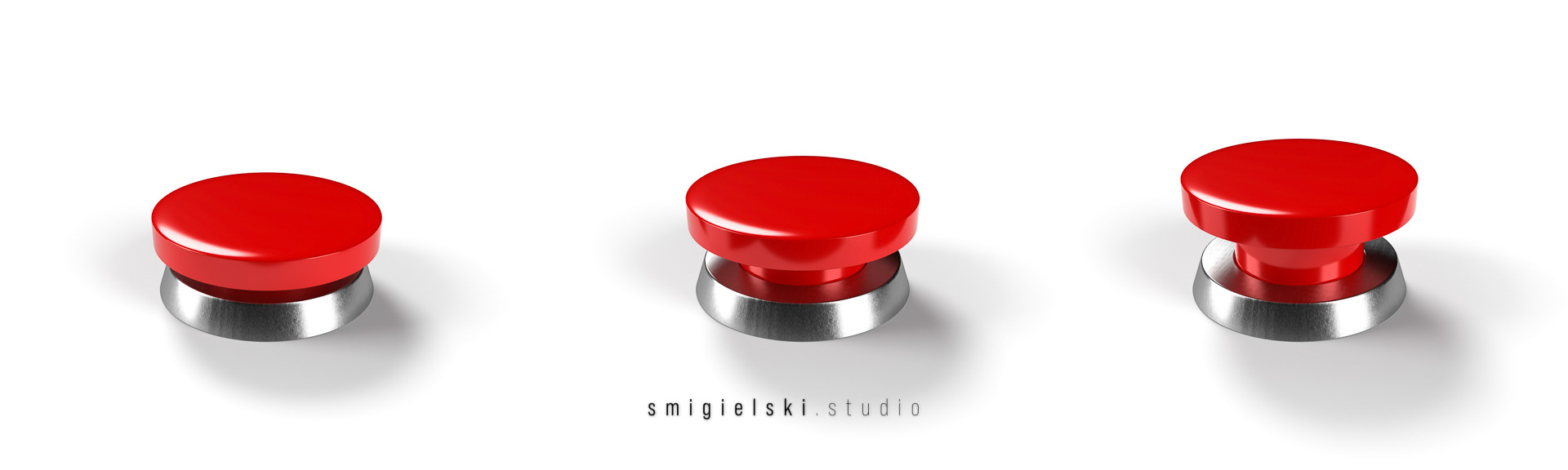 set of three red round buttons in different stages isolated on white