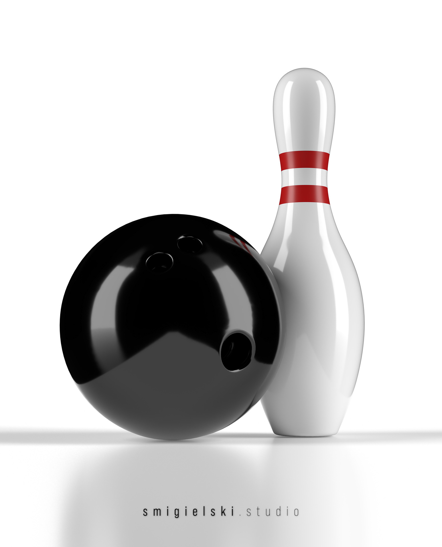 3D bowling ball and skittles on the playing field isolated on white