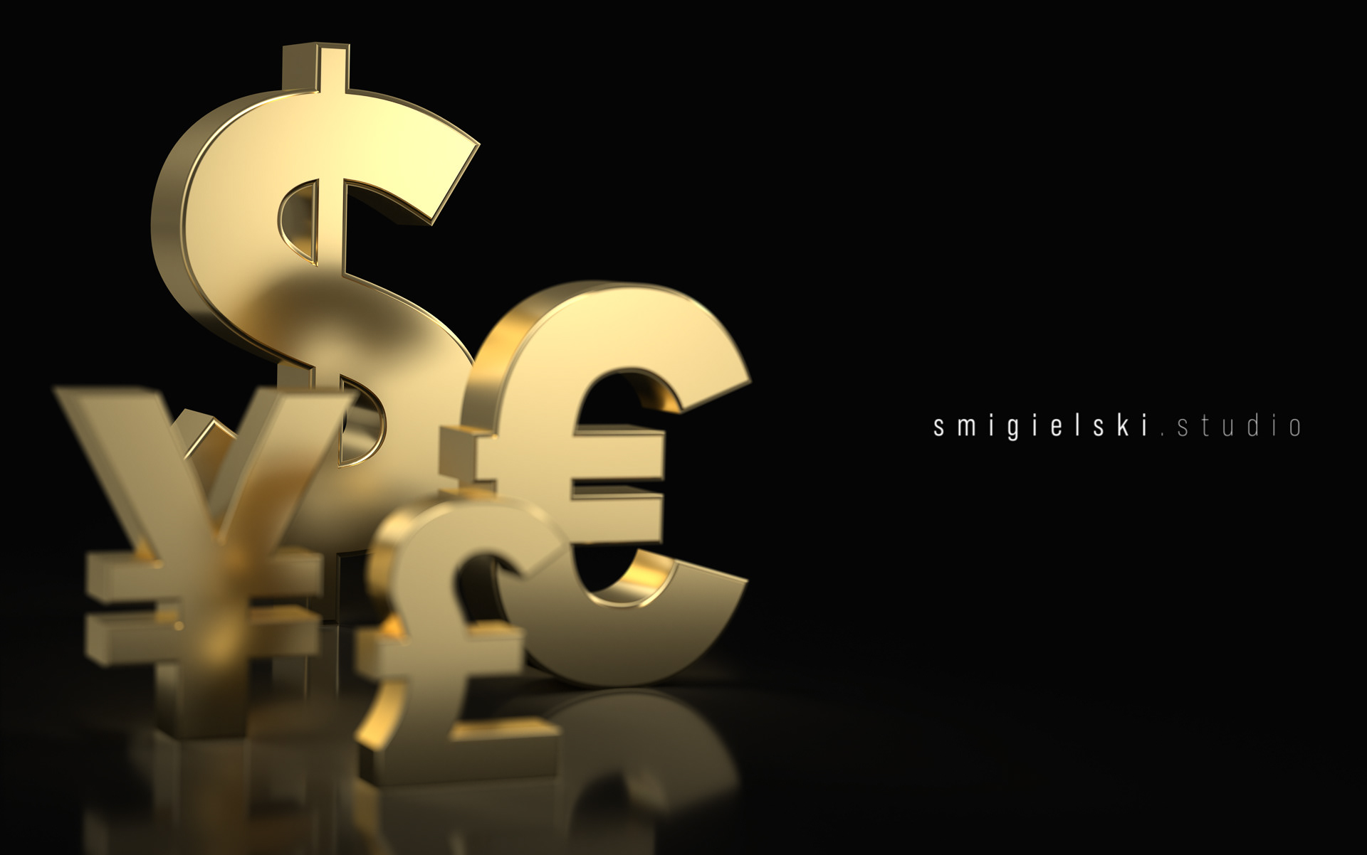 3D render of a golden Dollar, Euro, Pound and Japanese Yen sign on a black background