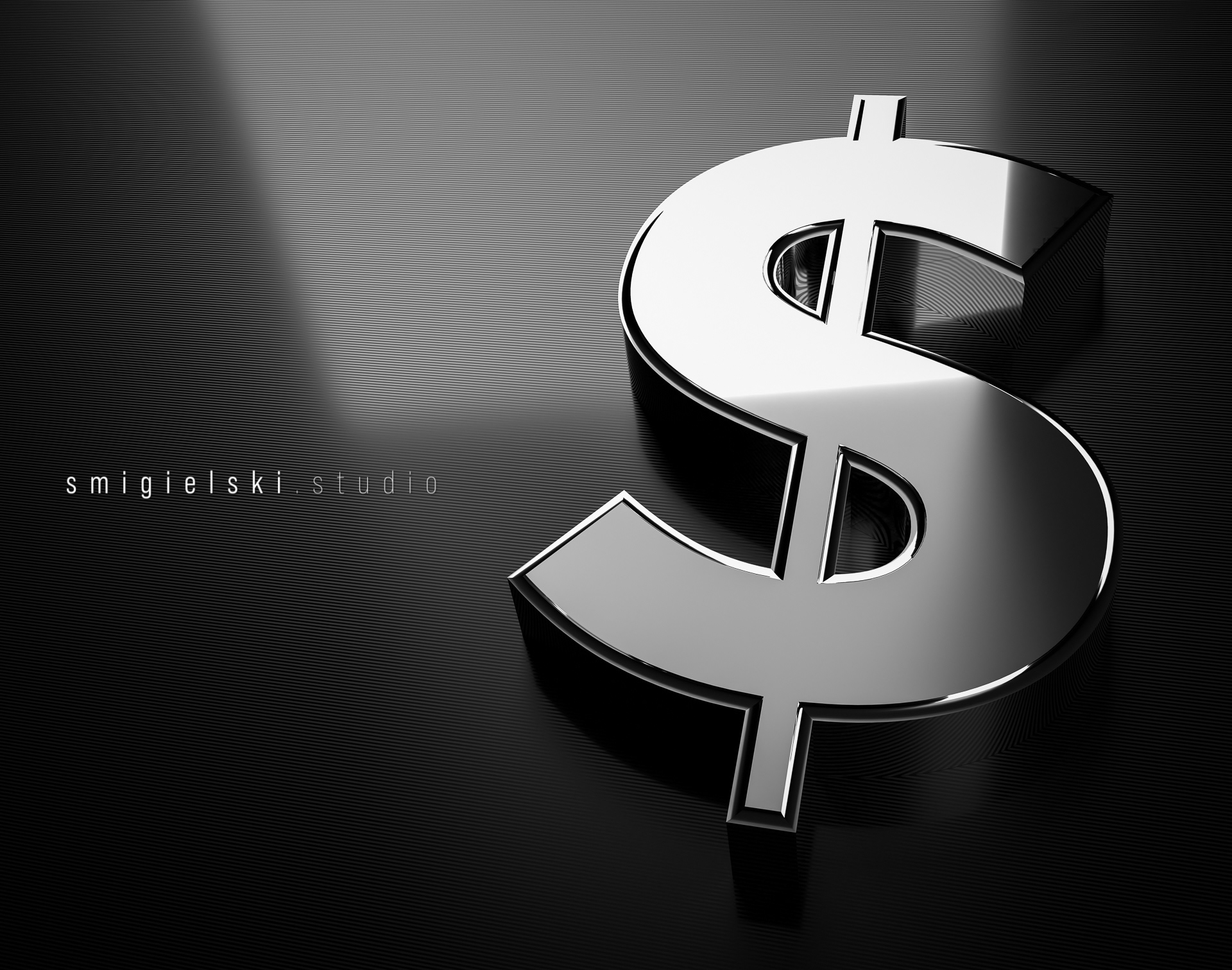 3D render of a silver Dollar sign on a black striped background