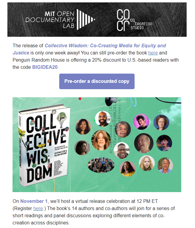 Screenshot of an OpenDocLab newsletter. The logos of the MIT OpenDocLab and the Co-Creation studio are at the top on a black background. There is text announcing the book launch is one week away and a purple button labeled "Pre-order a discounted copy." Below it, is a social graphic with a patterned green background. A picture of the book is on the left and headshots of fourteen authors are on the right.