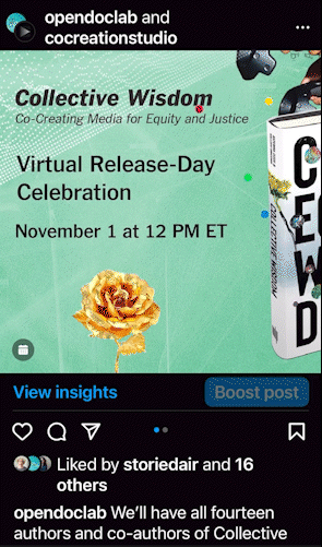An Instagram post promoting the release day book event. It features a the book on a green patterned background along with the name and date of the event and the promo text "Join all fourteen authors and co-authors for an exploration of co-creation across disciplines."