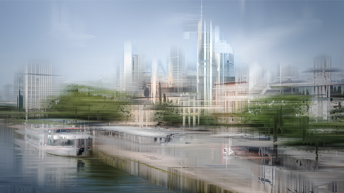 Abstrakte Fotokunst und experimentelle Fotografie Nicole Holz | Aktuell: Frankfurt am Main - Vision, Fiktion, Imagination. Eine zeitgenössische fotografische Interpretation urbaner Landschaften als erzählerische Konzeptkunst. Hier der Blick vom Eisernen Steg auf die Uferstraße Mainkai und die Hochhäuser der Stadt.
