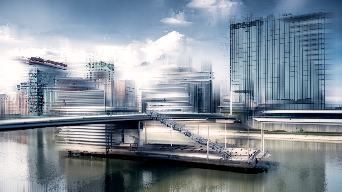 NICOLE HOLZ FOTOGRAFIE | Abstrakte Fotokunst | Düsseldorf Medienhafen - Von der Fotografie zur Abstraktion | Die konkurrierenden Städte am Rhein Köln und Düsseldorf als urbane Landschaften zeitgenössisch interpretiert. Eine moderne Übersetzung der Brücke im Düsseldorfer Medienhafen in abstrakte Fotokunst. 
