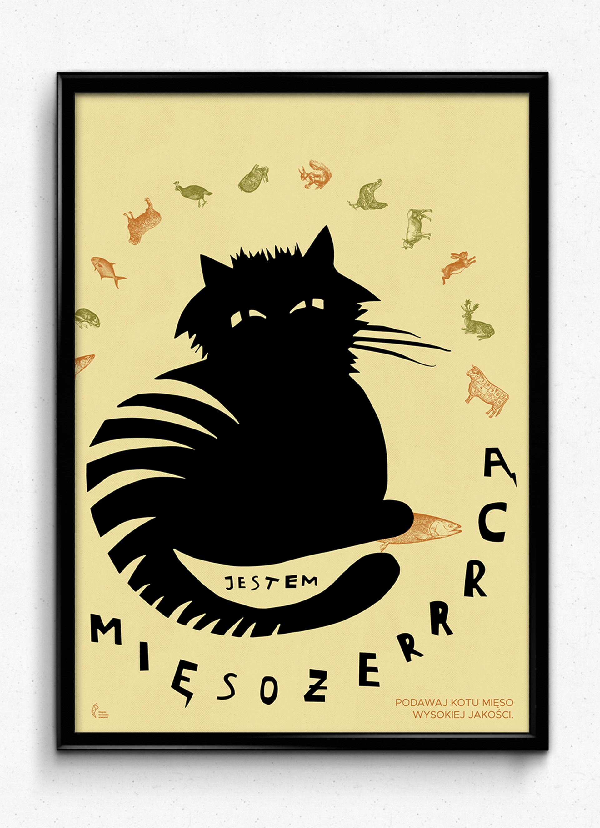 Artistic digital collage from the 'Oto Kot' series – a cat silhouette combined with typography about proper feline nutrition.