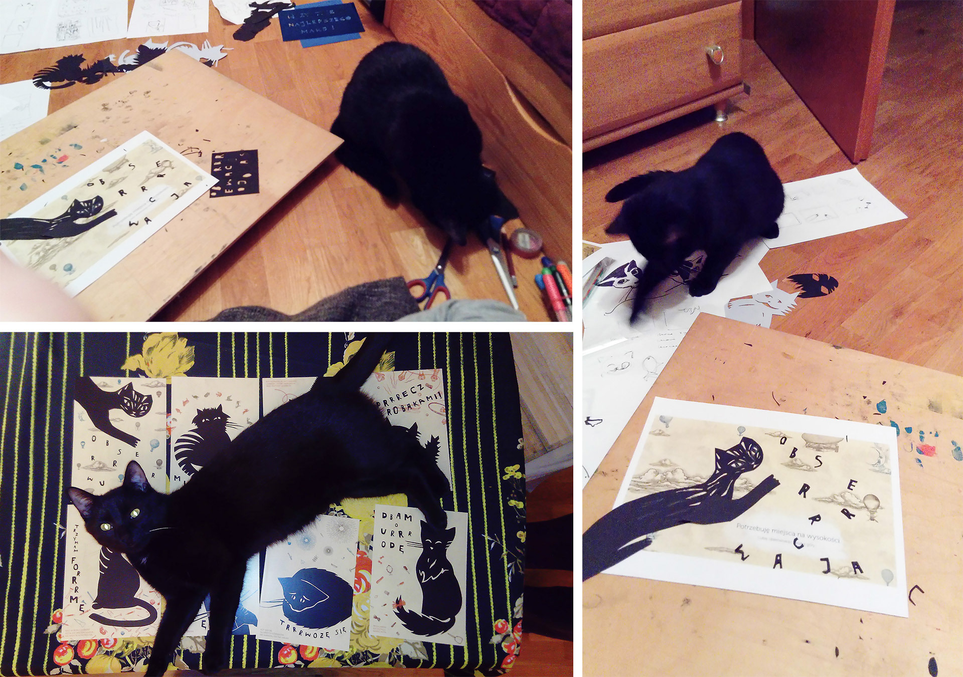 Process of creating an illustration, cutting a cat silhouette from black card for an art collage.